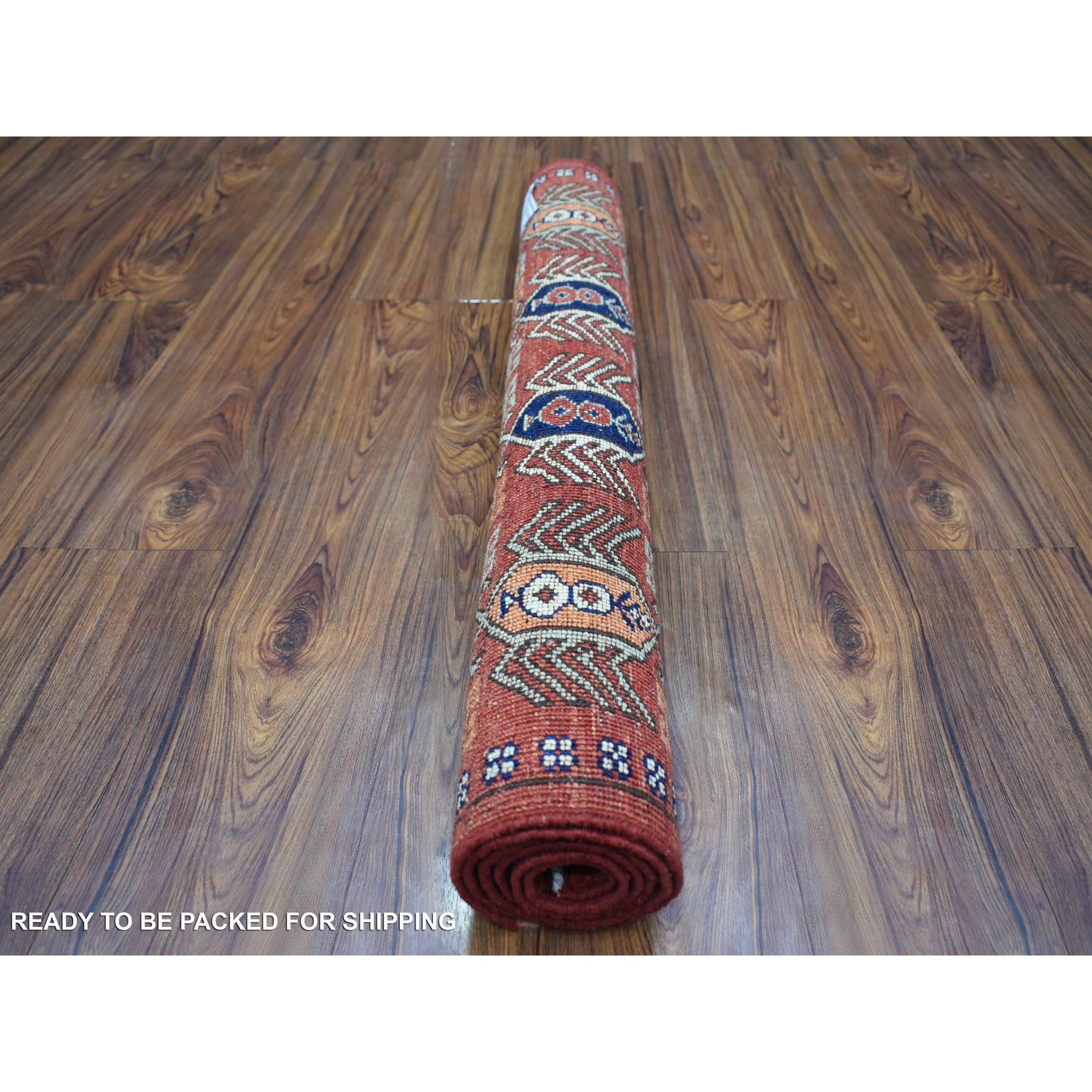 3'1"x5'1" Coral Red, Natural Dyes Hand Knotted Afghan Ersari with Ancient Animal Figurines Densely Woven, Soft and Shiny Wool Oriental Rug Sh70783