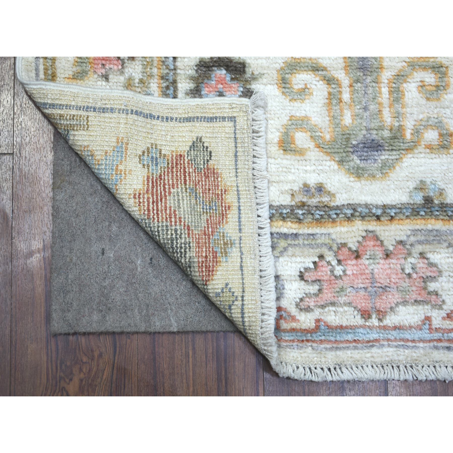 2'8"x11'8" Ivory Colorful Leaf Design Natural Dyes, Afghan Wool Hand Knotted Angora Oushak Runner Oriental Rug Sh71631