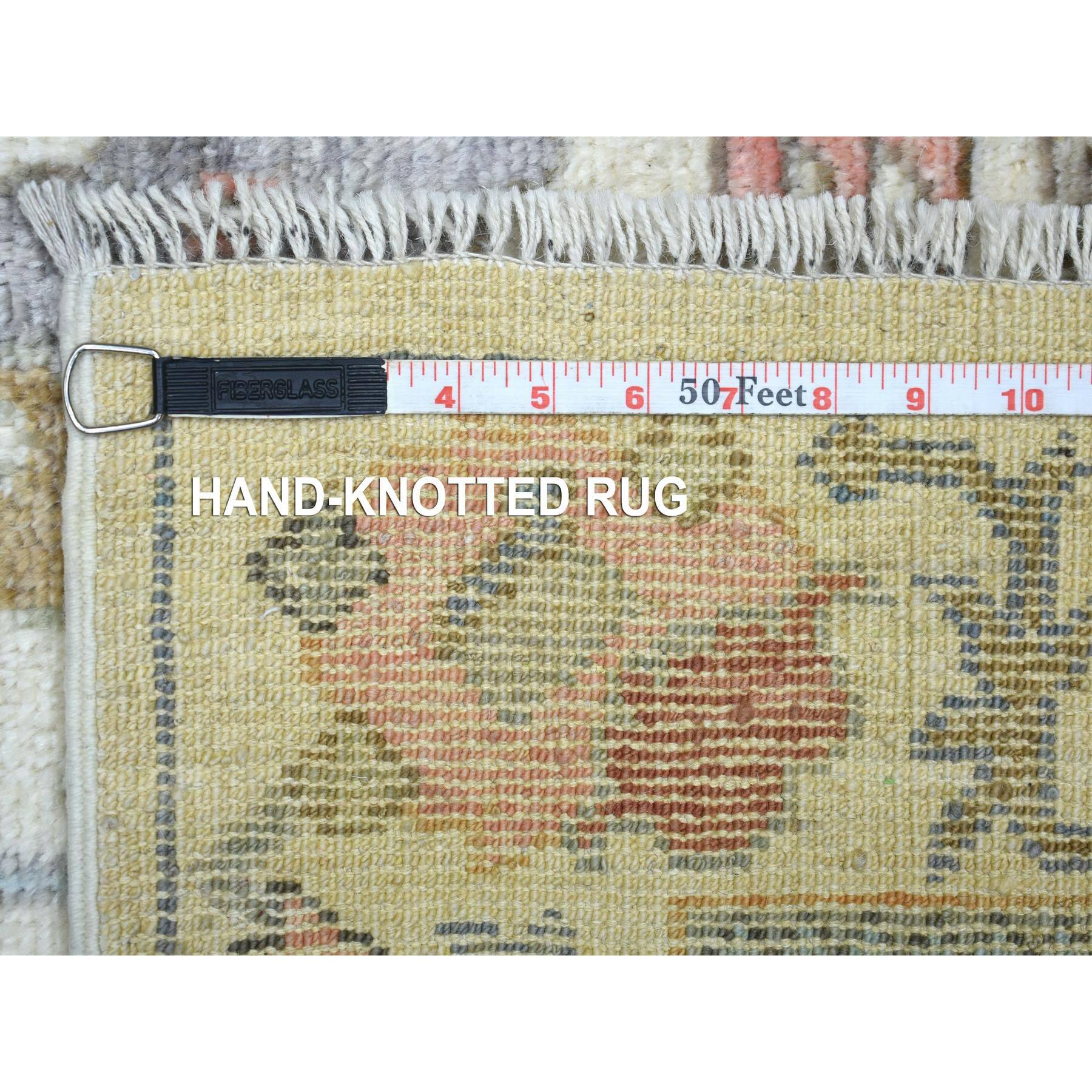 2'8"x11'8" Ivory Colorful Leaf Design Natural Dyes, Afghan Wool Hand Knotted Angora Oushak Runner Oriental Rug Sh71631