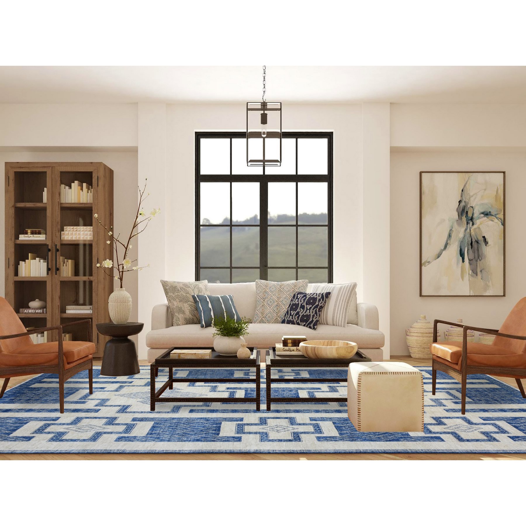8'10"x11'8" Ivory with Denim Blue, Hand Knotted Fine Peshawar with Intricate, Geometric, Motifs, Densely Woven Soft Organic Wool, Oriental Rug Sh72720