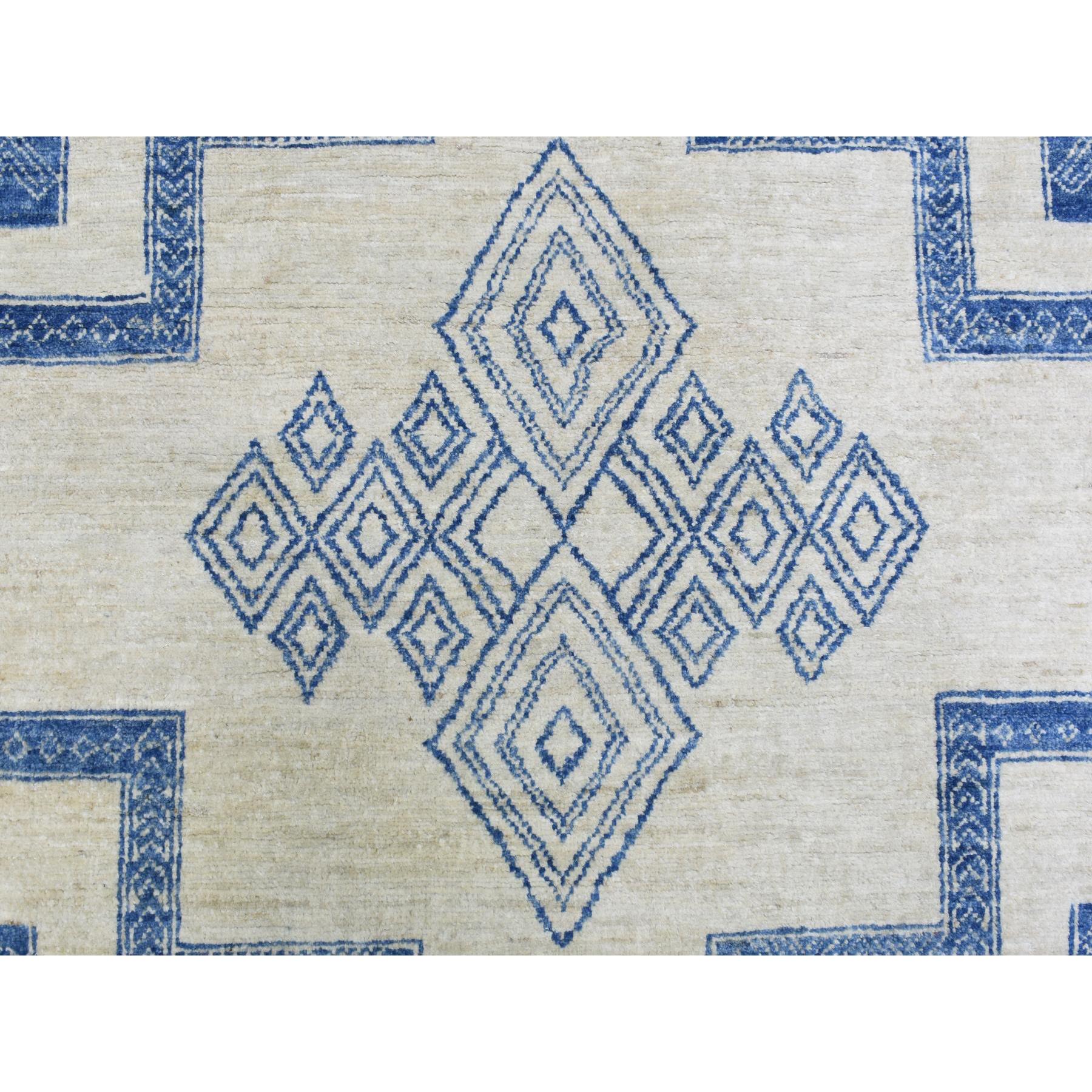 8'10"x11'8" Ivory with Denim Blue, Hand Knotted Fine Peshawar with Intricate, Geometric, Motifs, Densely Woven Soft Organic Wool, Oriental Rug Sh72720