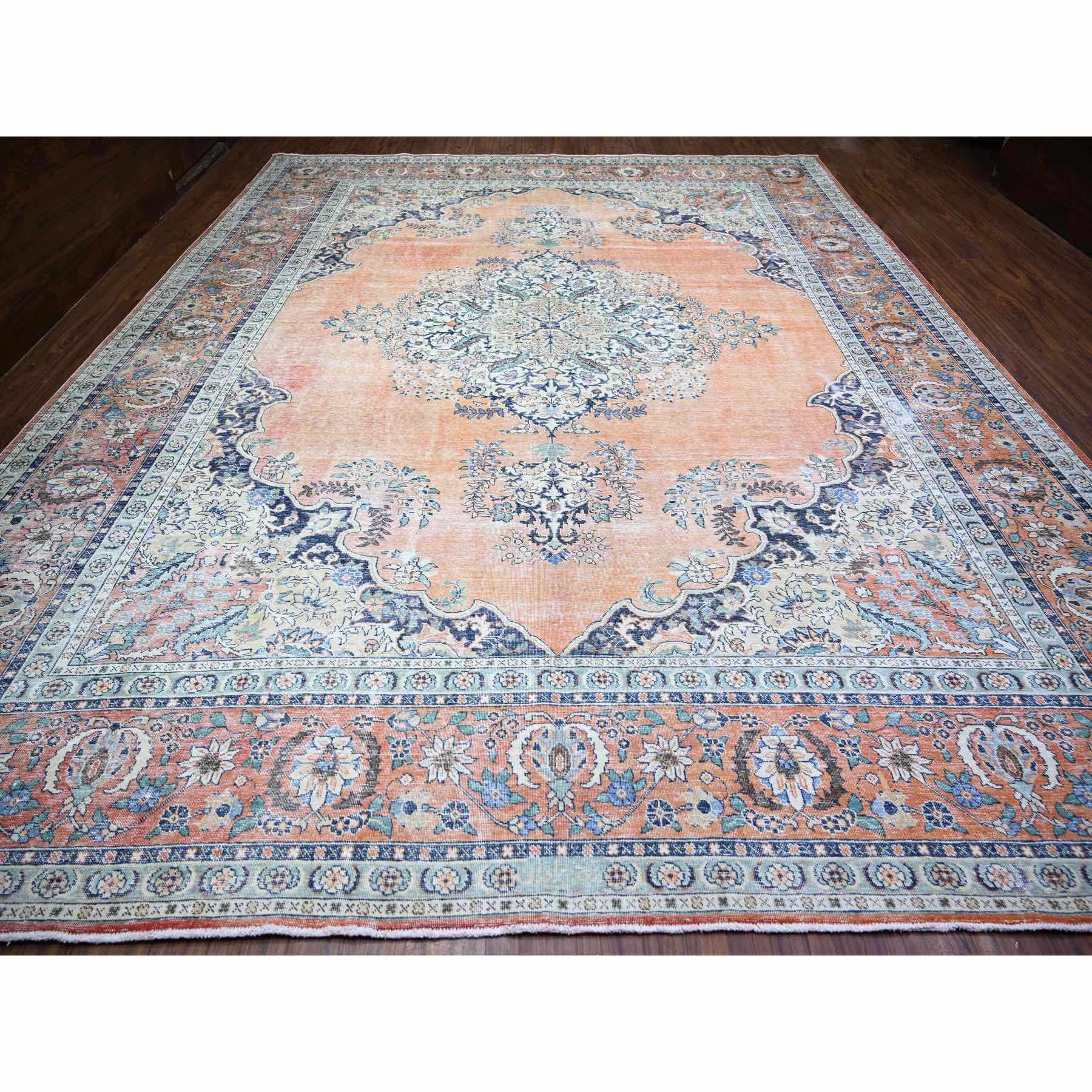 12'2"x15'2" Apricot Orange Background, Cropped Thin, Zero Pile , Natural Wool, Hand Knotted, Sheared Low, Vintage Tabriz, Worn Out and Distressed Look, Oversized Oriental Rug Sh74483