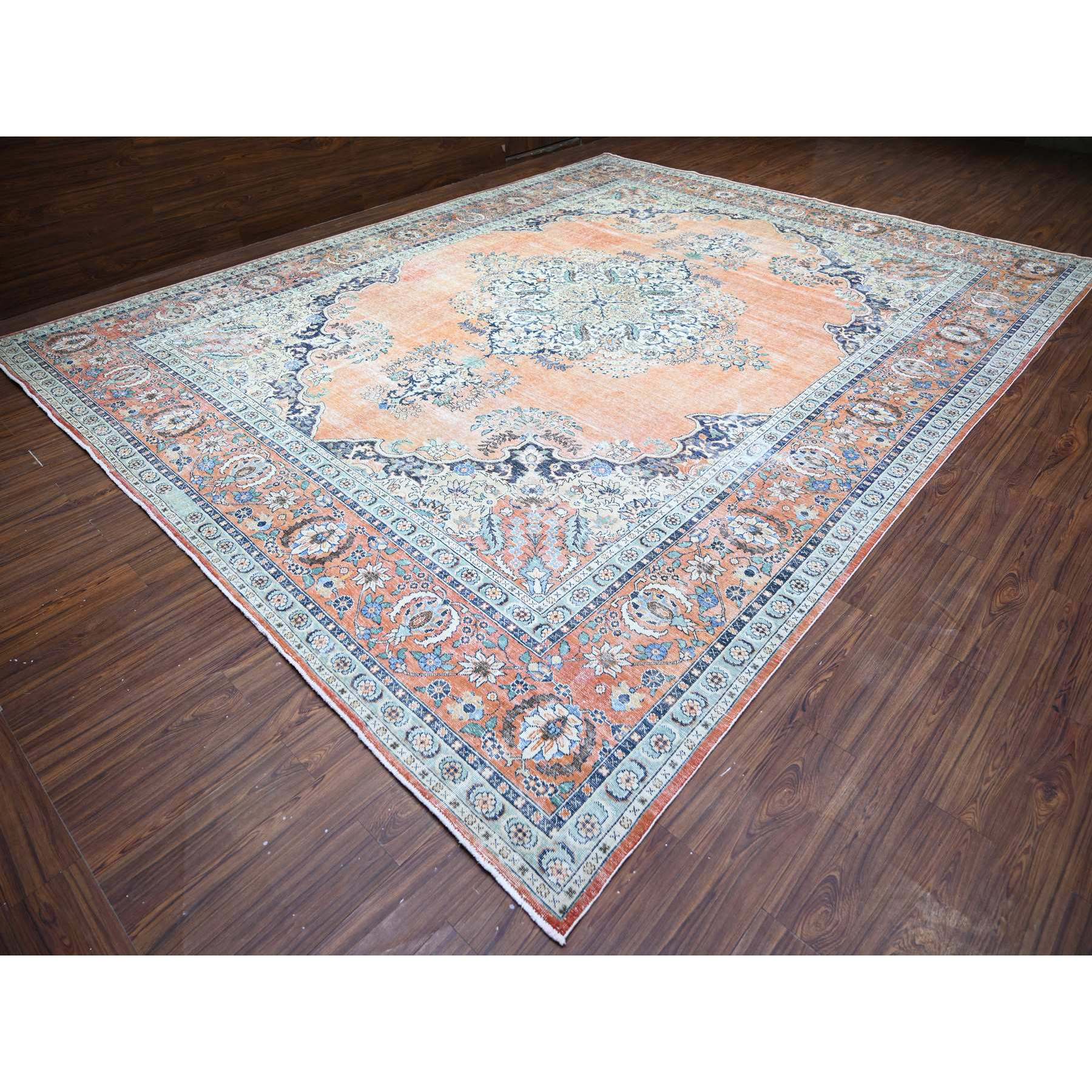 12'2"x15'2" Apricot Orange Background, Cropped Thin, Zero Pile , Natural Wool, Hand Knotted, Sheared Low, Vintage Tabriz, Worn Out and Distressed Look, Oversized Oriental Rug Sh74483