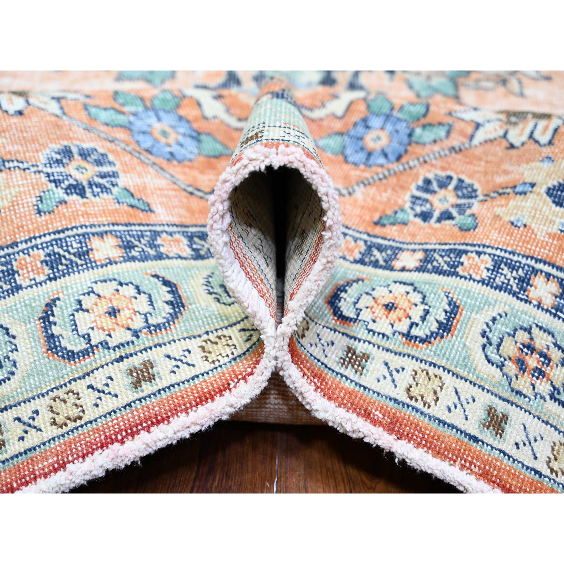 12'2"x15'2" Apricot Orange Background, Cropped Thin, Zero Pile , Natural Wool, Hand Knotted, Sheared Low, Vintage Tabriz, Worn Out and Distressed Look, Oversized Oriental Rug Sh74483