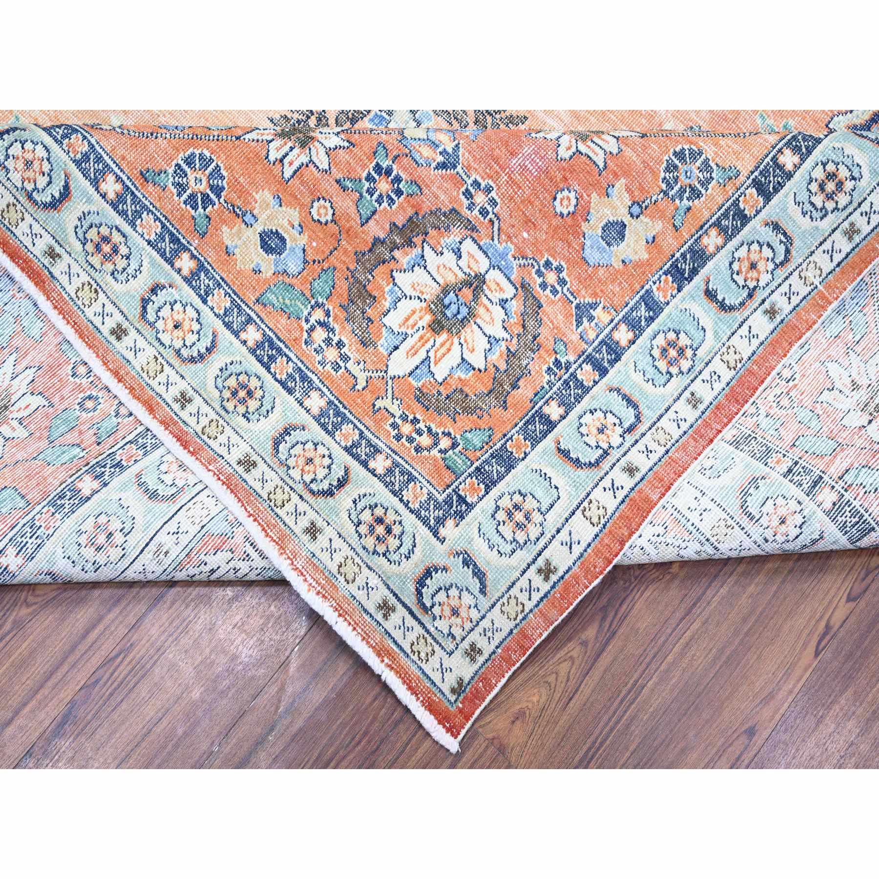 12'2"x15'2" Apricot Orange Background, Cropped Thin, Zero Pile , Natural Wool, Hand Knotted, Sheared Low, Vintage Tabriz, Worn Out and Distressed Look, Oversized Oriental Rug Sh74483