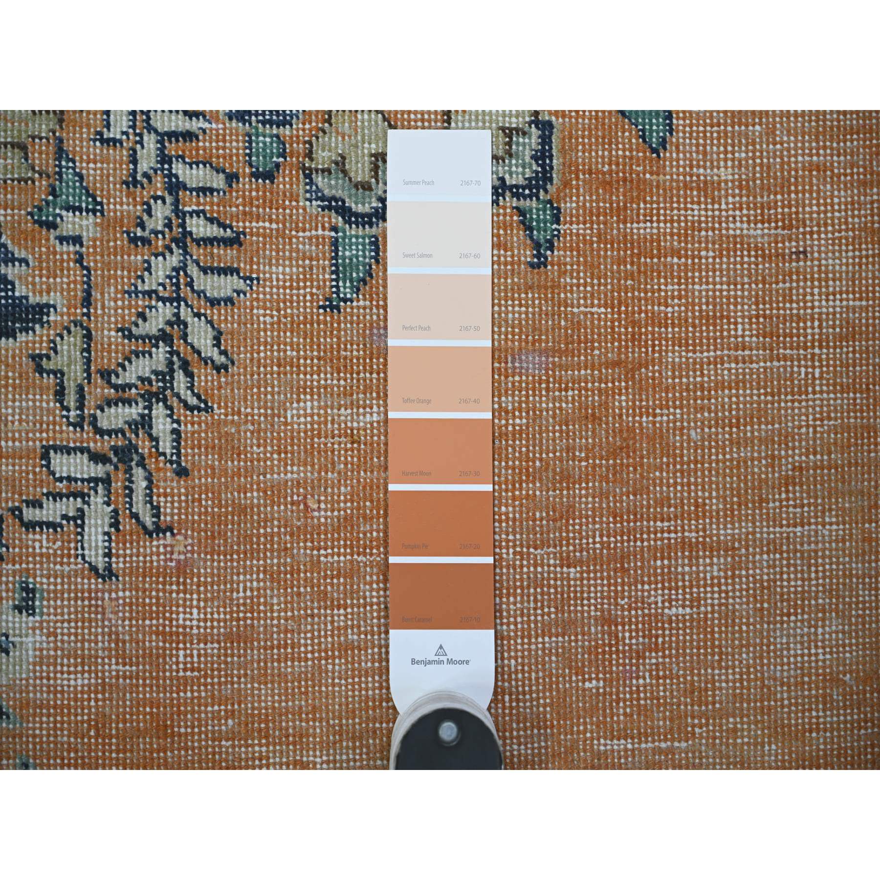 12'2"x15'2" Apricot Orange Background, Cropped Thin, Zero Pile , Natural Wool, Hand Knotted, Sheared Low, Vintage Tabriz, Worn Out and Distressed Look, Oversized Oriental Rug Sh74483