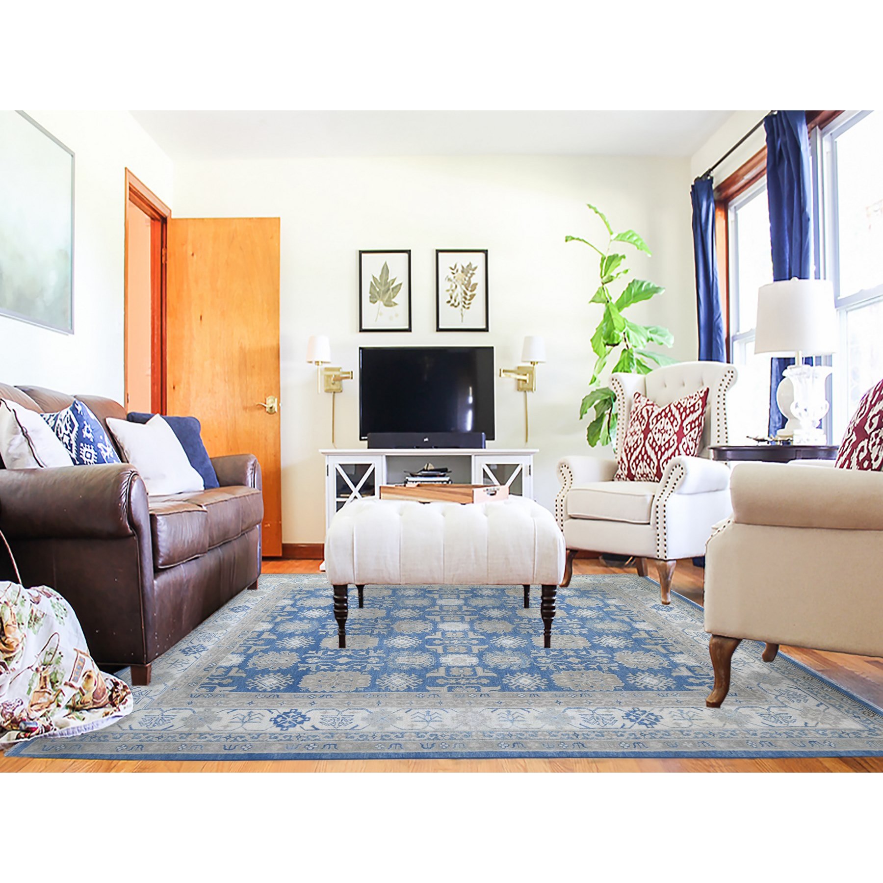 7'8"x9'7" Bayern Blue, Soft and Vibrant Wool, Vegetable Dyes, Vintage Look Kazak with Geometric Elements, Hand Knotted, Oriental Rug Sh74725