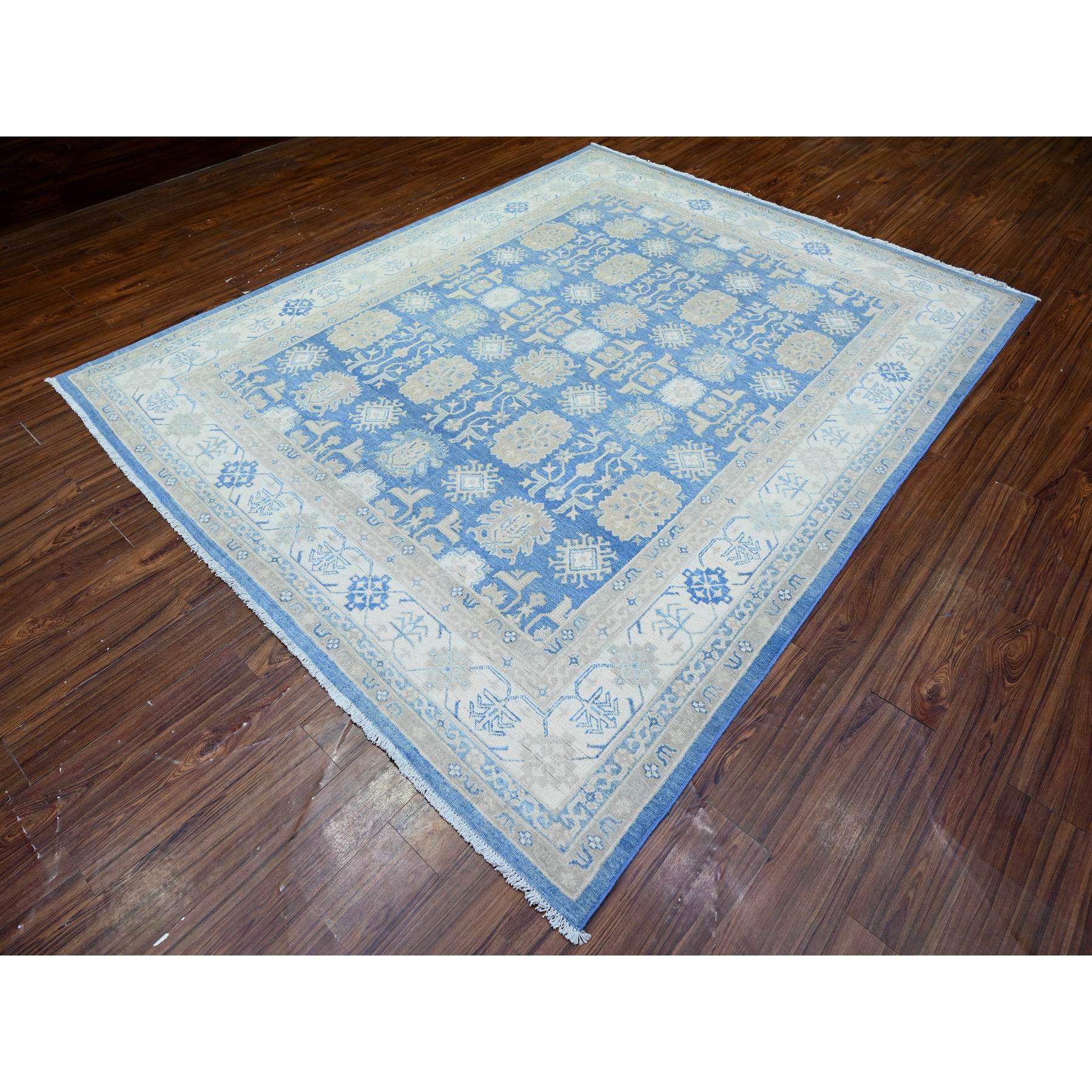 7'8"x9'7" Bayern Blue, Soft and Vibrant Wool, Vegetable Dyes, Vintage Look Kazak with Geometric Elements, Hand Knotted, Oriental Rug Sh74725
