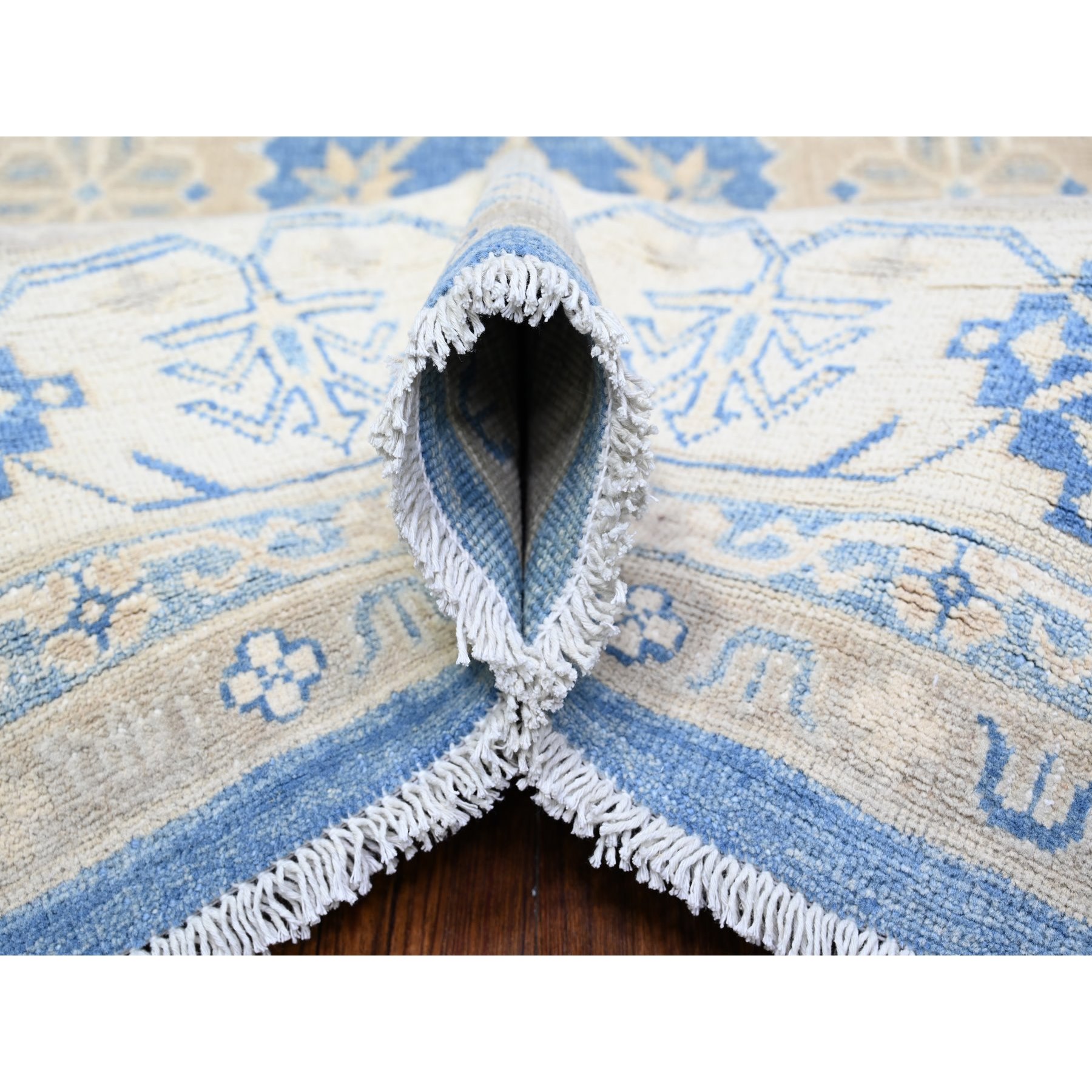 7'8"x9'7" Bayern Blue, Soft and Vibrant Wool, Vegetable Dyes, Vintage Look Kazak with Geometric Elements, Hand Knotted, Oriental Rug Sh74725