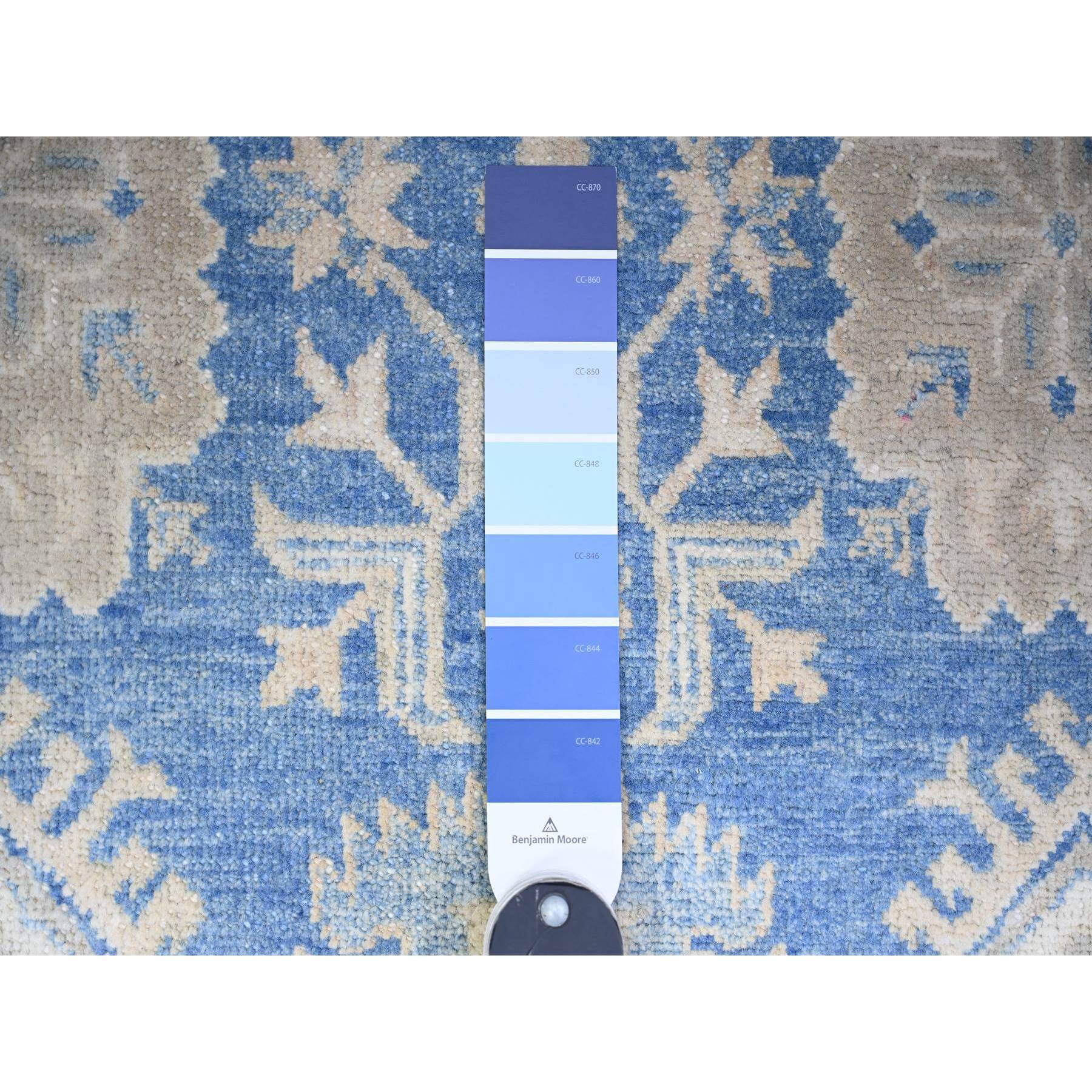 7'8"x9'7" Bayern Blue, Soft and Vibrant Wool, Vegetable Dyes, Vintage Look Kazak with Geometric Elements, Hand Knotted, Oriental Rug Sh74725