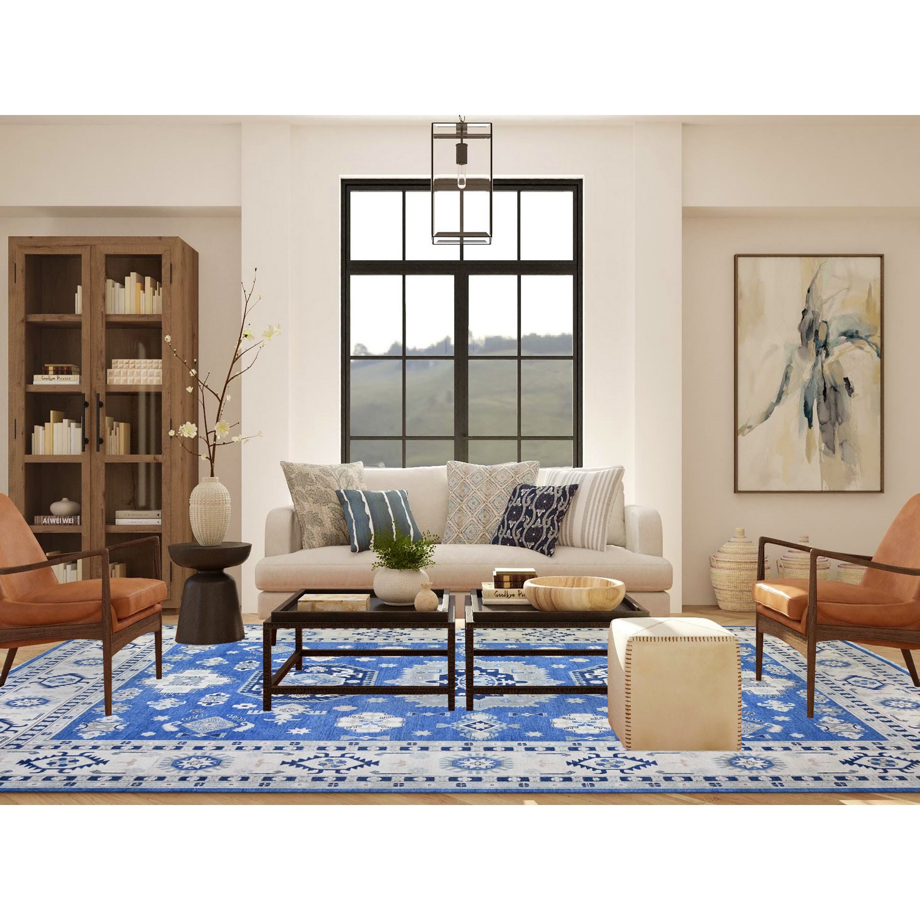 9'x11'5" Berry Blue with Huntington White, Vintage Look Kazak with Large Medallions Design High Grade Wool, Hand Knotted, Natural Dyes, Oriental Rug Sh74726