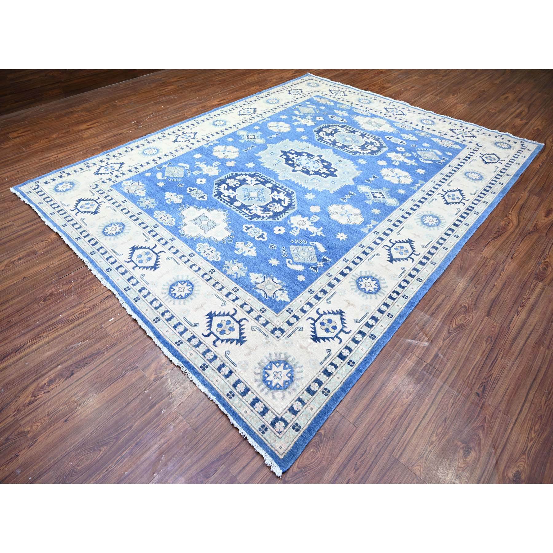 9'x11'5" Berry Blue with Huntington White, Vintage Look Kazak with Large Medallions Design High Grade Wool, Hand Knotted, Natural Dyes, Oriental Rug Sh74726
