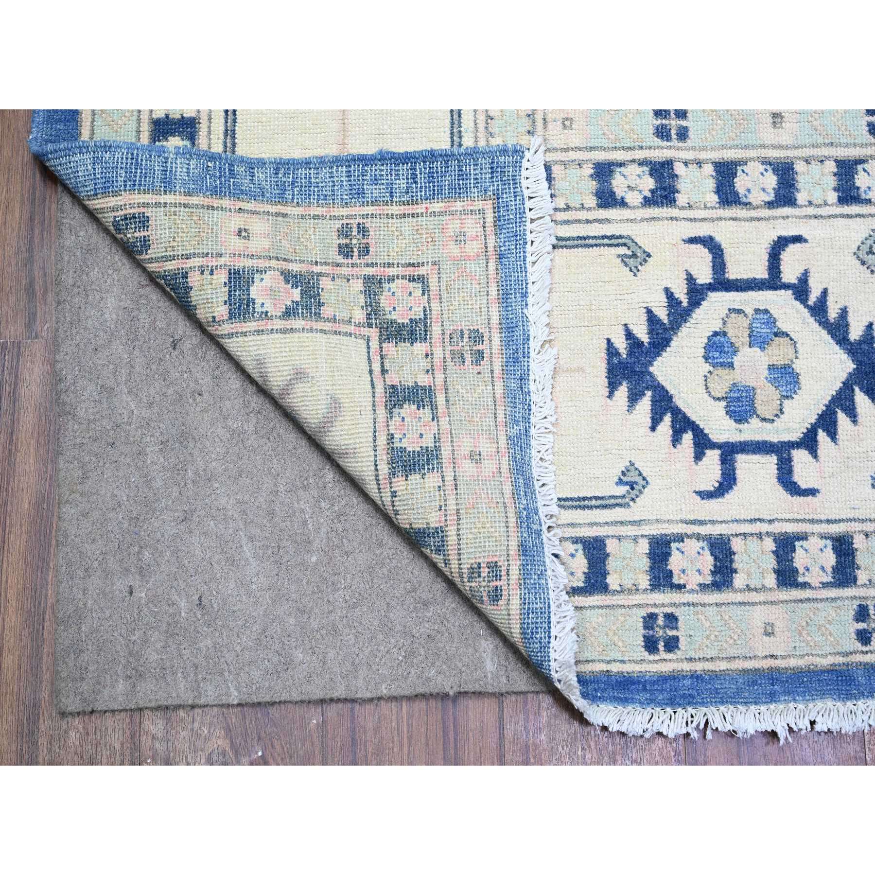 9'x11'5" Berry Blue with Huntington White, Vintage Look Kazak with Large Medallions Design High Grade Wool, Hand Knotted, Natural Dyes, Oriental Rug Sh74726