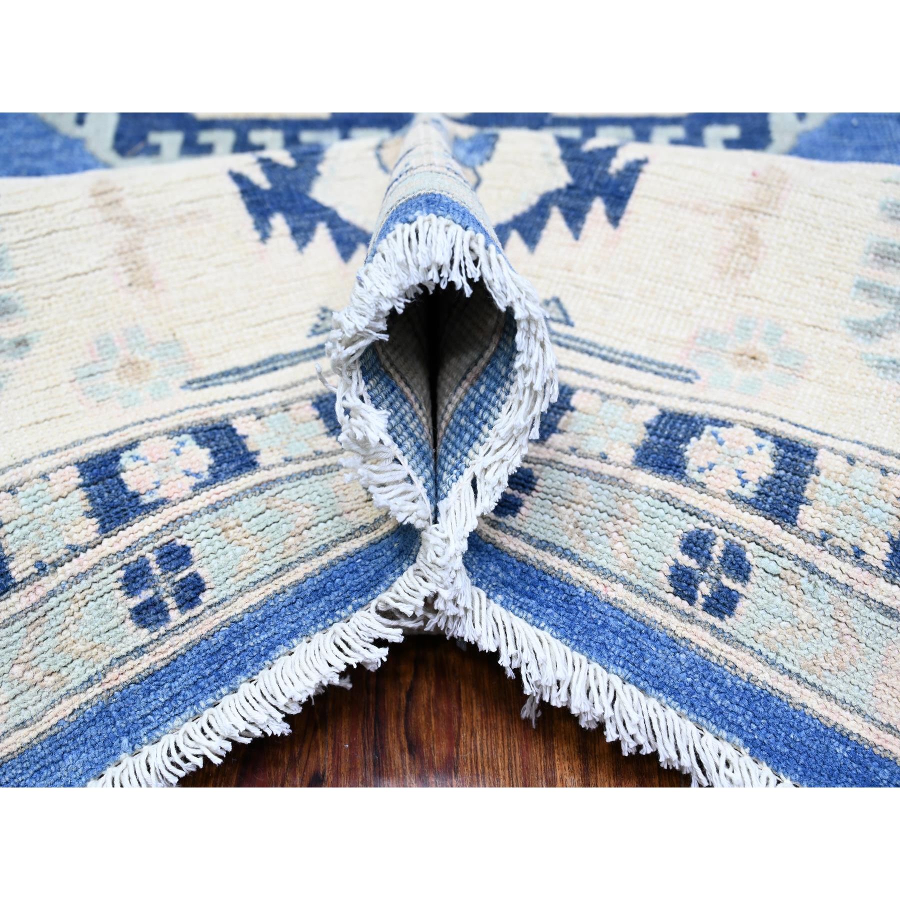 9'x11'5" Berry Blue with Huntington White, Vintage Look Kazak with Large Medallions Design High Grade Wool, Hand Knotted, Natural Dyes, Oriental Rug Sh74726