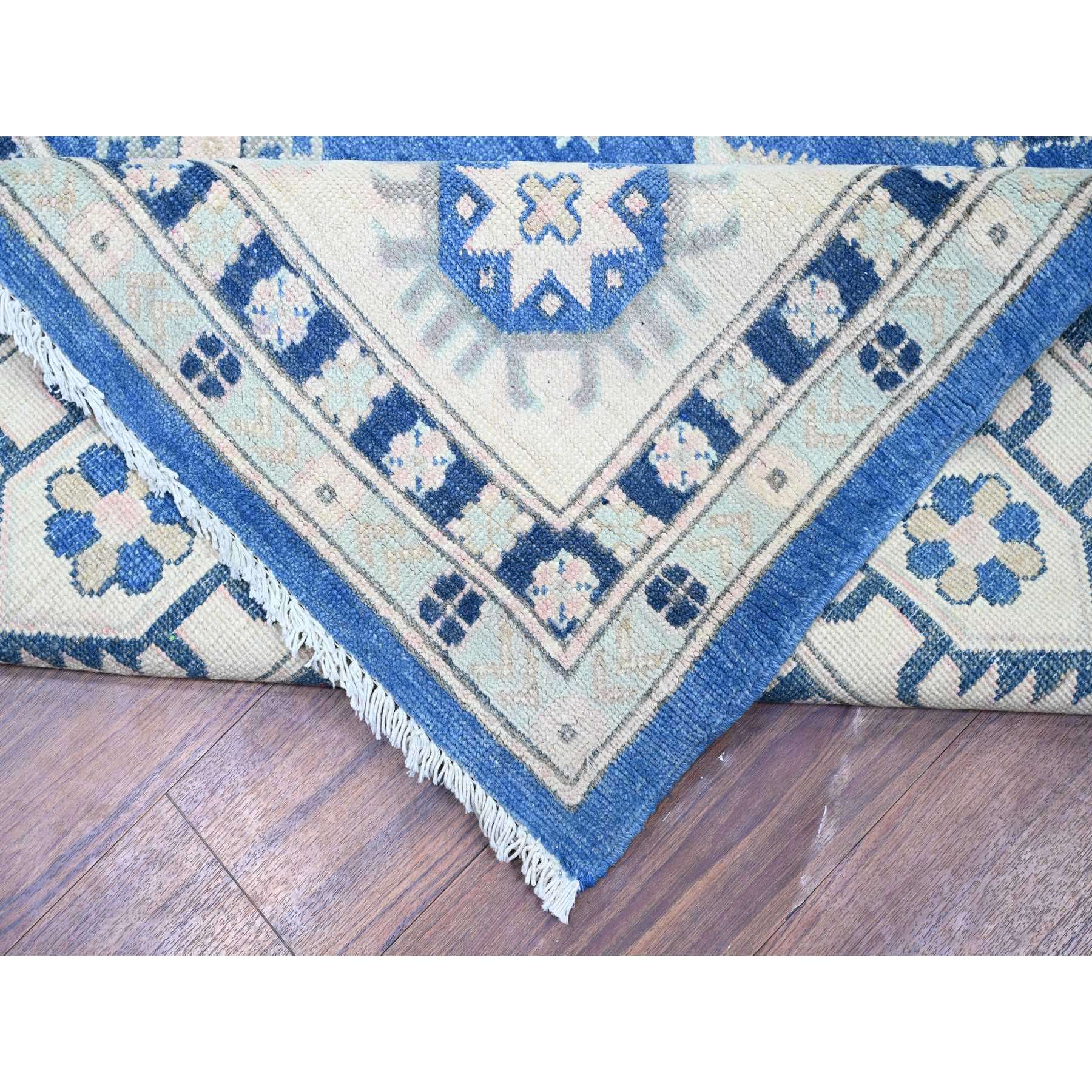 9'x11'5" Berry Blue with Huntington White, Vintage Look Kazak with Large Medallions Design High Grade Wool, Hand Knotted, Natural Dyes, Oriental Rug Sh74726