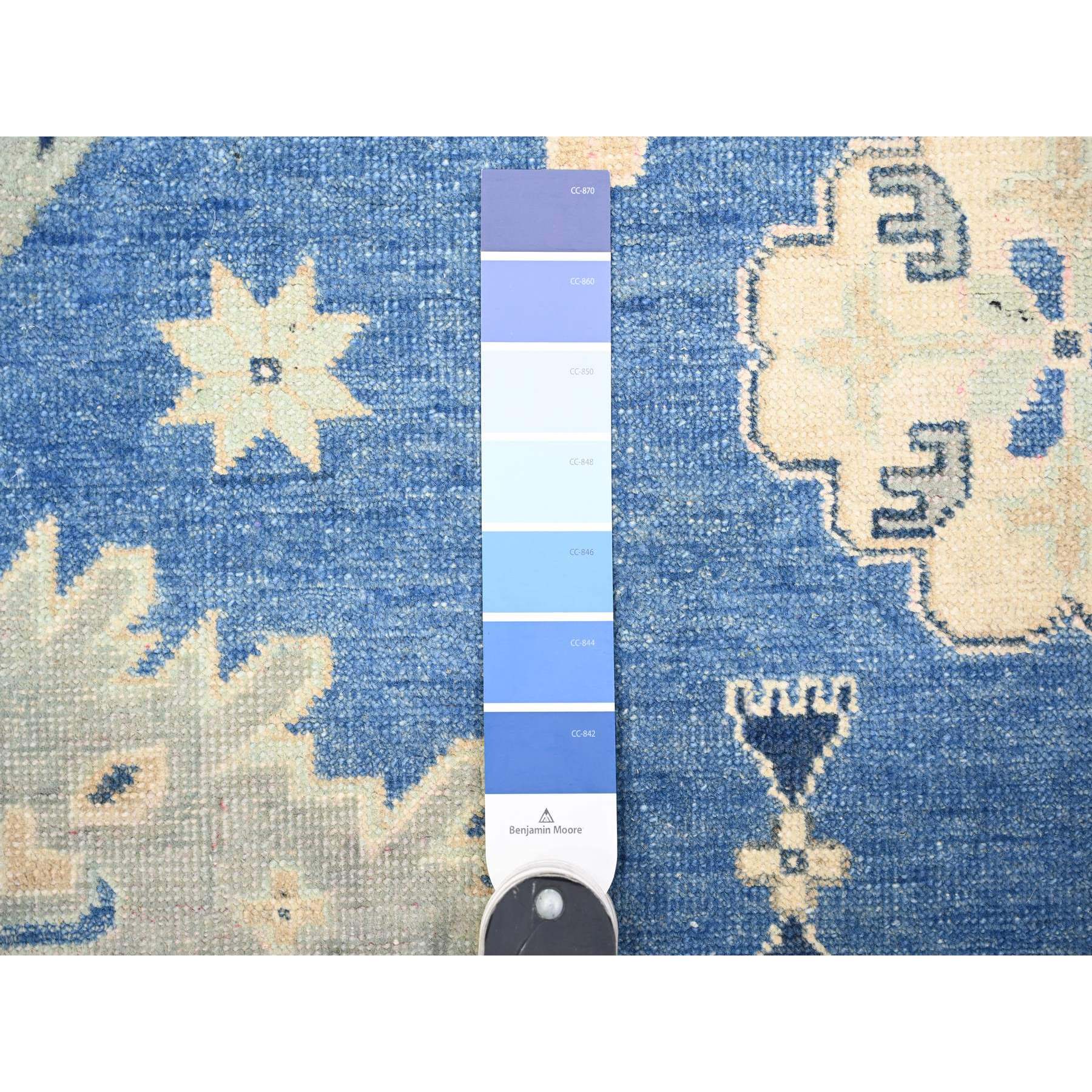 9'x11'5" Berry Blue with Huntington White, Vintage Look Kazak with Large Medallions Design High Grade Wool, Hand Knotted, Natural Dyes, Oriental Rug Sh74726