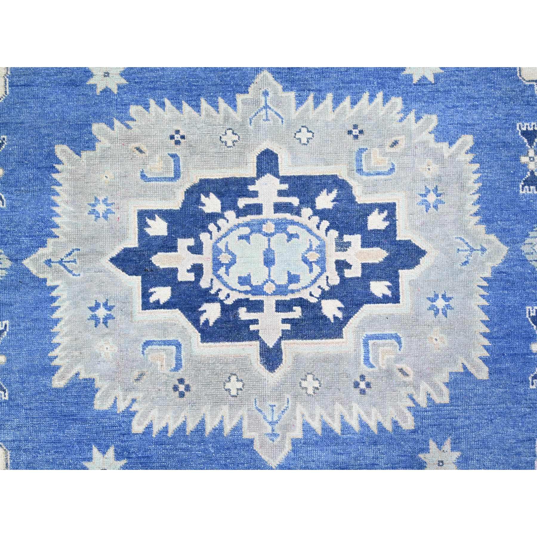 9'x11'5" Berry Blue with Huntington White, Vintage Look Kazak with Large Medallions Design High Grade Wool, Hand Knotted, Natural Dyes, Oriental Rug Sh74726