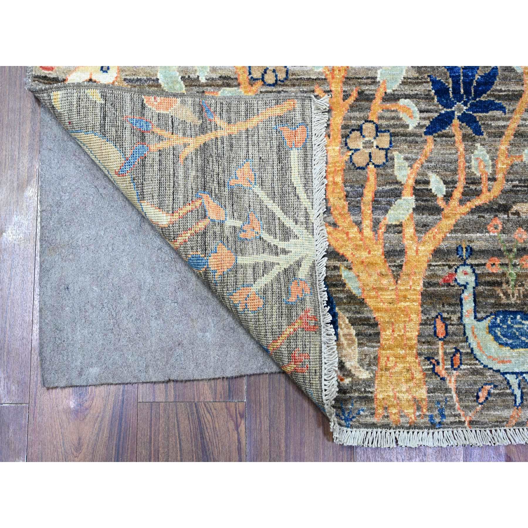 3'2"x5' Mink Gray, Pure Wool Afghan Peshawar with Birds of Paradise Design, Abrash, Natural Dyes, Hand Knotted, Oriental Rug Sh74728