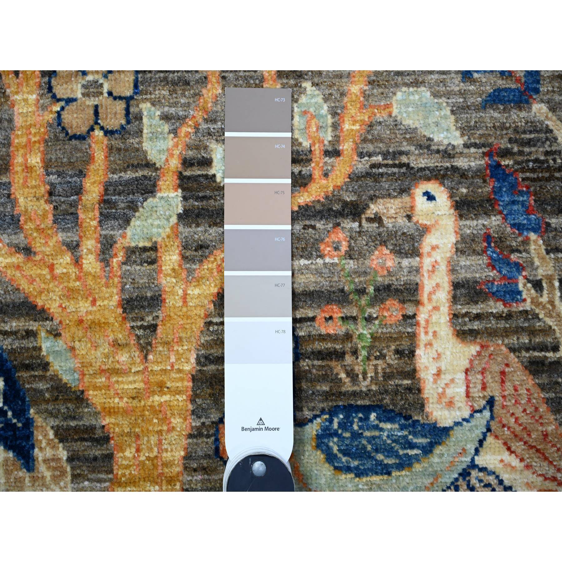 3'2"x5' Mink Gray, Pure Wool Afghan Peshawar with Birds of Paradise Design, Abrash, Natural Dyes, Hand Knotted, Oriental Rug Sh74728