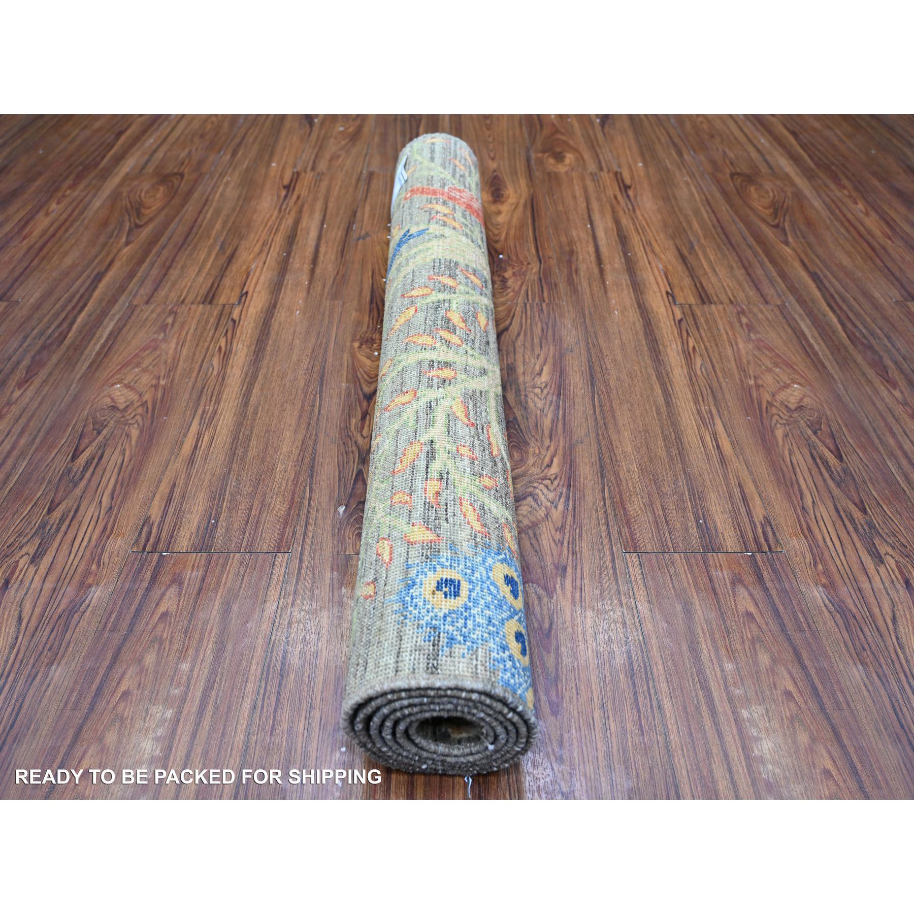 3'2"x5' Mink Gray, Pure Wool Afghan Peshawar with Birds of Paradise Design, Abrash, Natural Dyes, Hand Knotted, Oriental Rug Sh74728