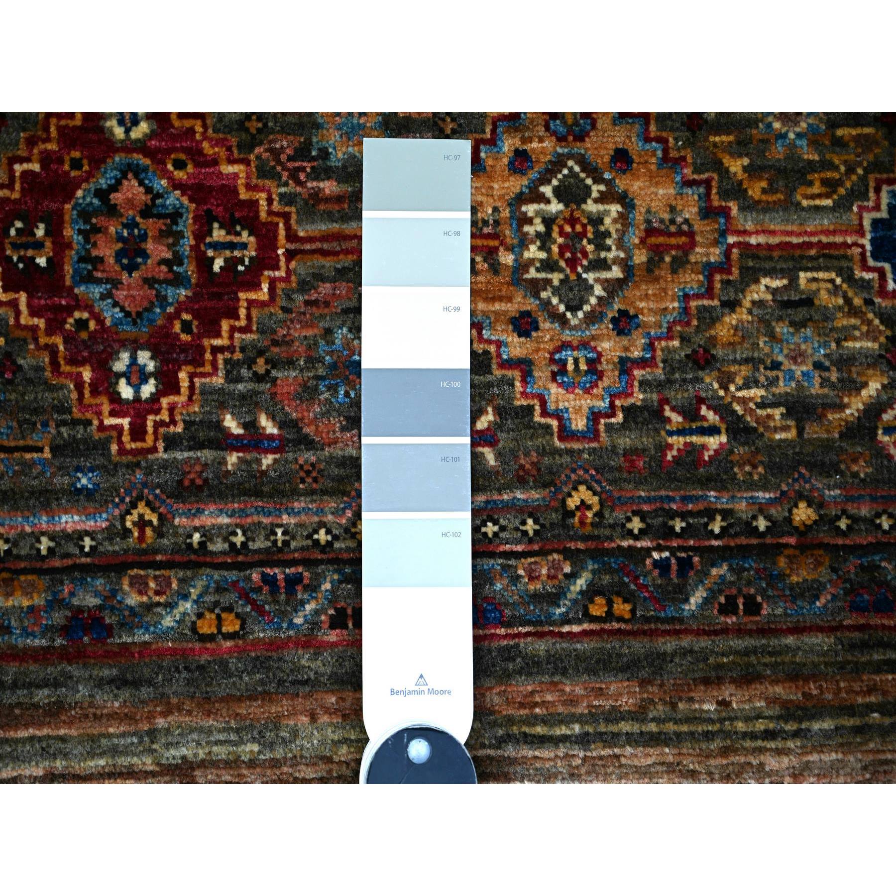 3'4"x5'1" Vintage Gray, All New Hand Knotted, Extra Soft Pure Wool, Super Kazak Khorjin With Colorful Motifs, Oriental Rug Sh74789