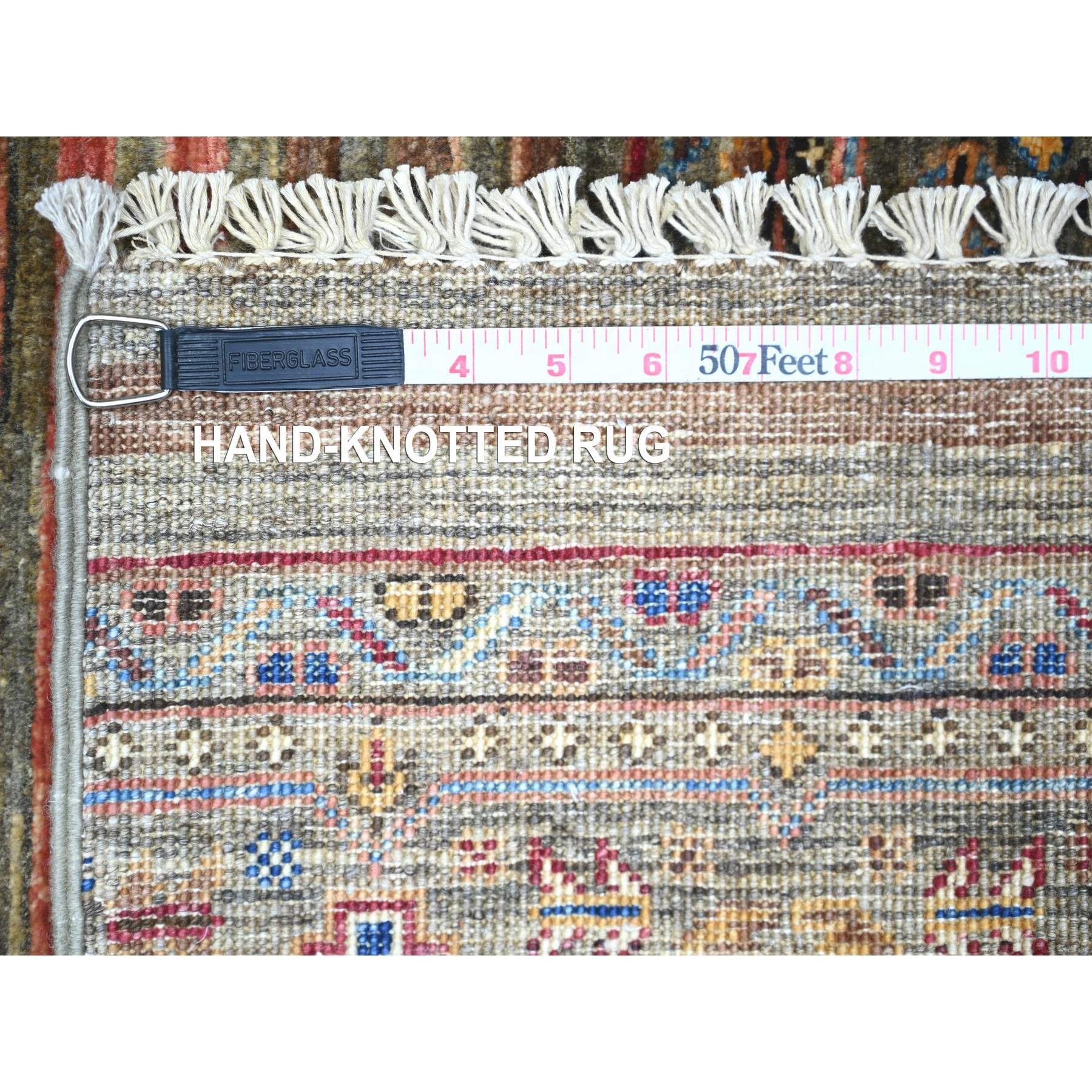 3'4"x5'1" Vintage Gray, All New Hand Knotted, Extra Soft Pure Wool, Super Kazak Khorjin With Colorful Motifs, Oriental Rug Sh74789