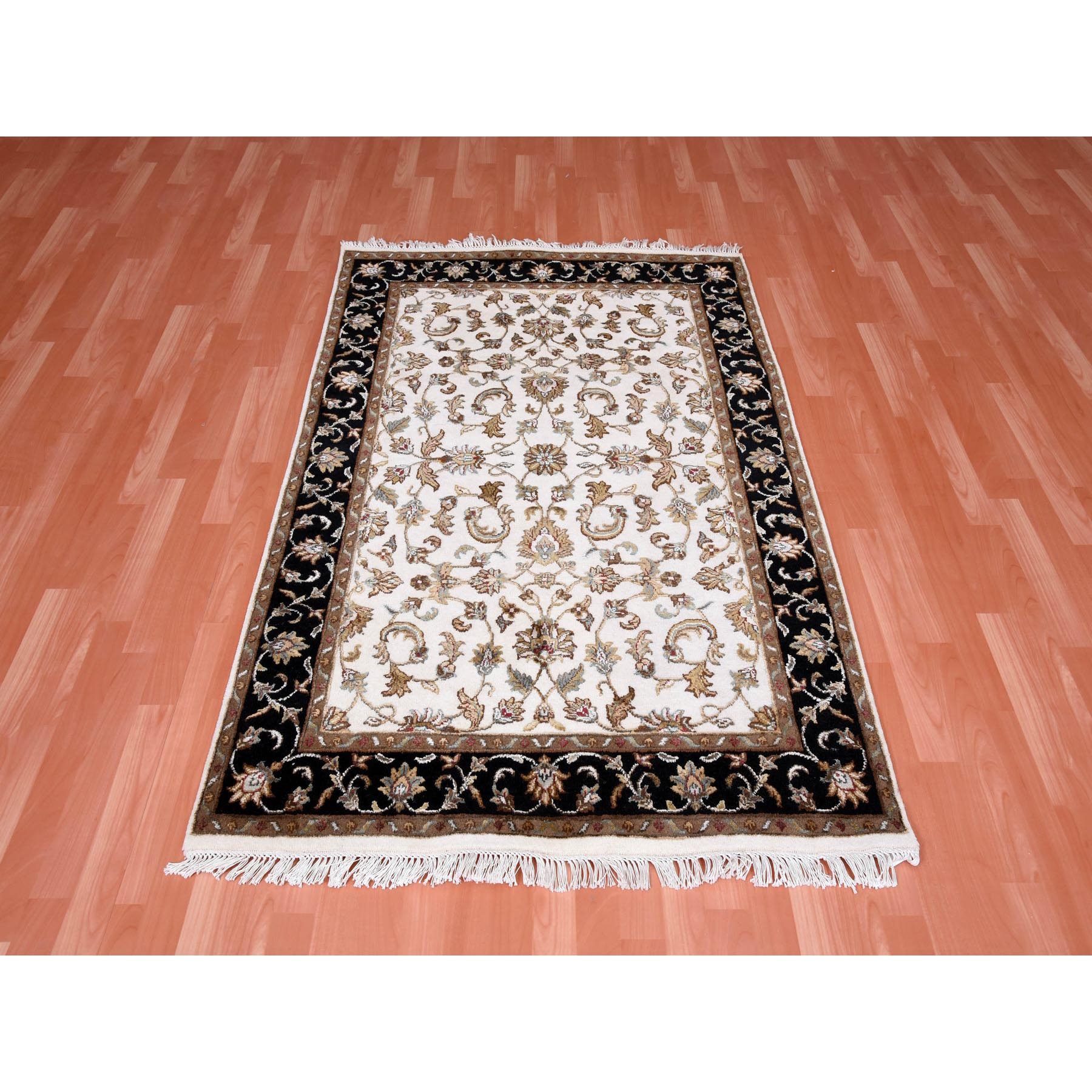 4'1"x6' Ivory, Hand Knotted, Rajasthan, with All Over Leaf Design, Thick and Plush, Wool and Silk, Oriental Rug Sh75046