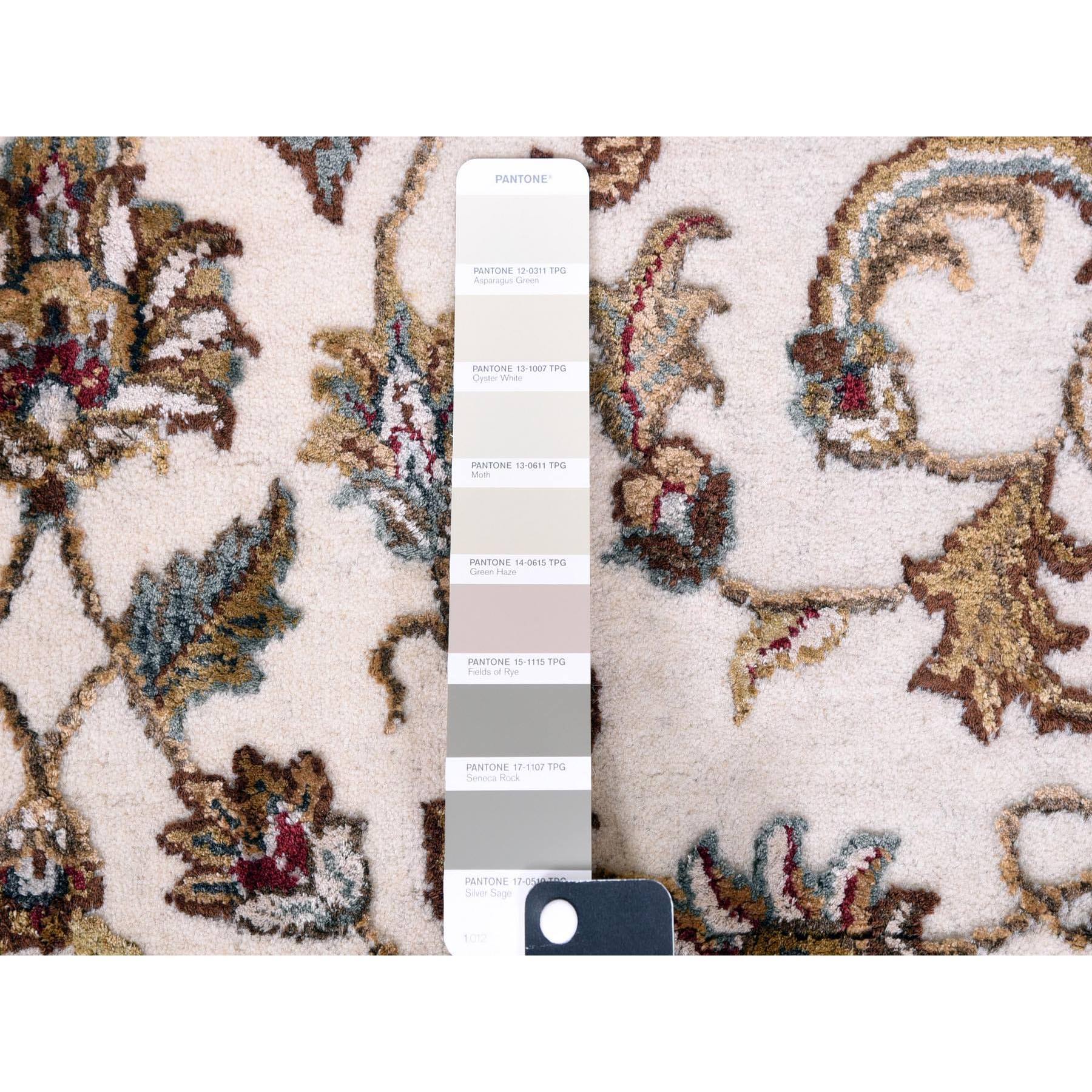 4'1"x6' Ivory, Hand Knotted, Rajasthan, with All Over Leaf Design, Thick and Plush, Wool and Silk, Oriental Rug Sh75046