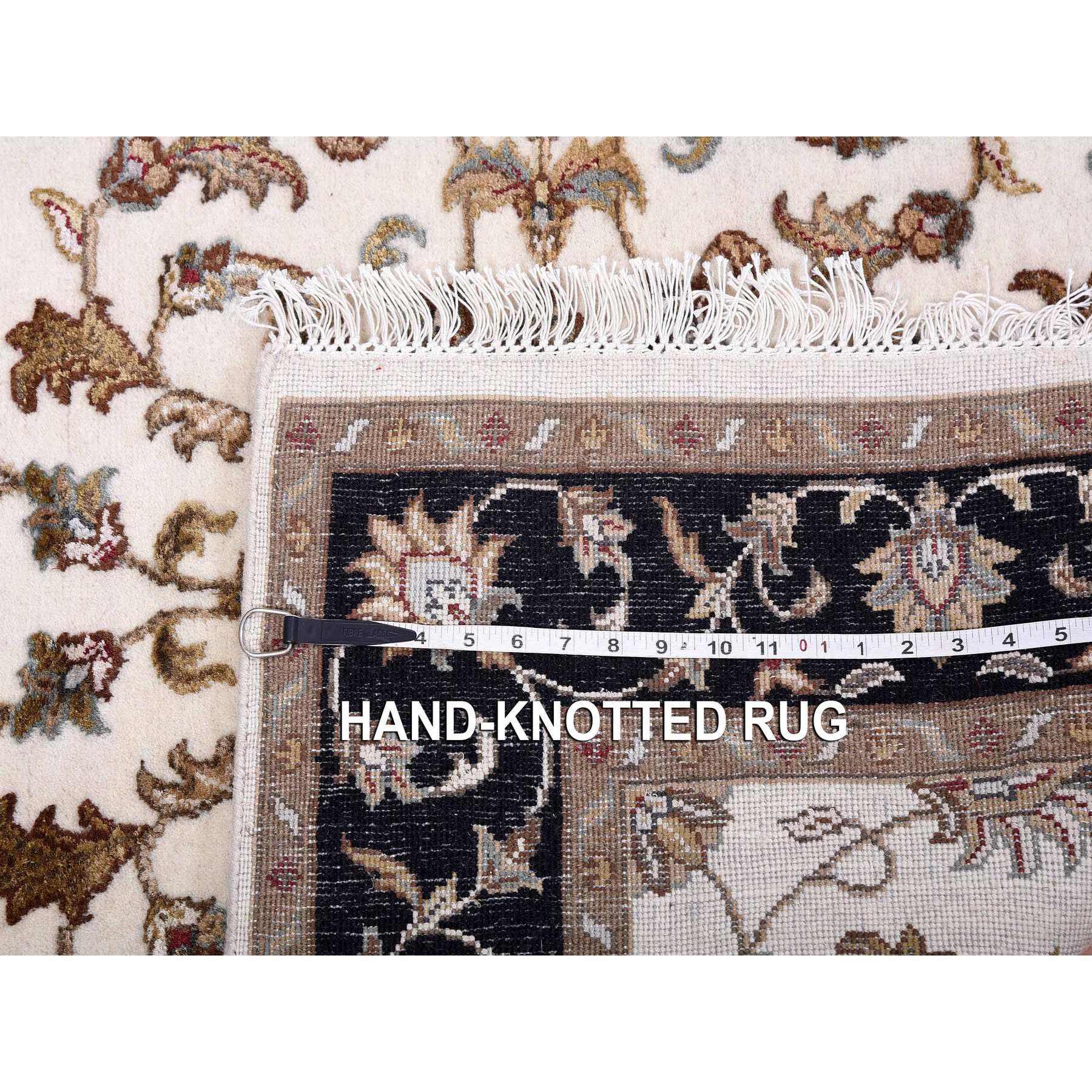 4'1"x6' Ivory, Hand Knotted, Rajasthan, with All Over Leaf Design, Thick and Plush, Wool and Silk, Oriental Rug Sh75046