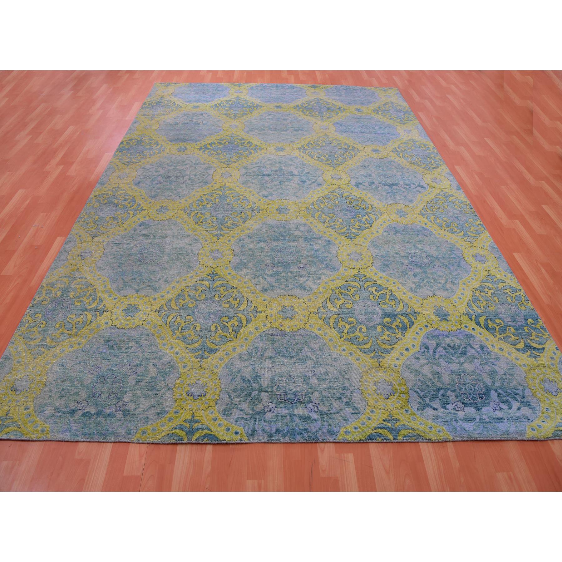 9'x12'2" Grotto Blue with Avocado Green, Trellis Neo Classic European Design with Flower Bouquet and Rosettes,100% Wool, Hand Knotted Oriental Rug Sh75410