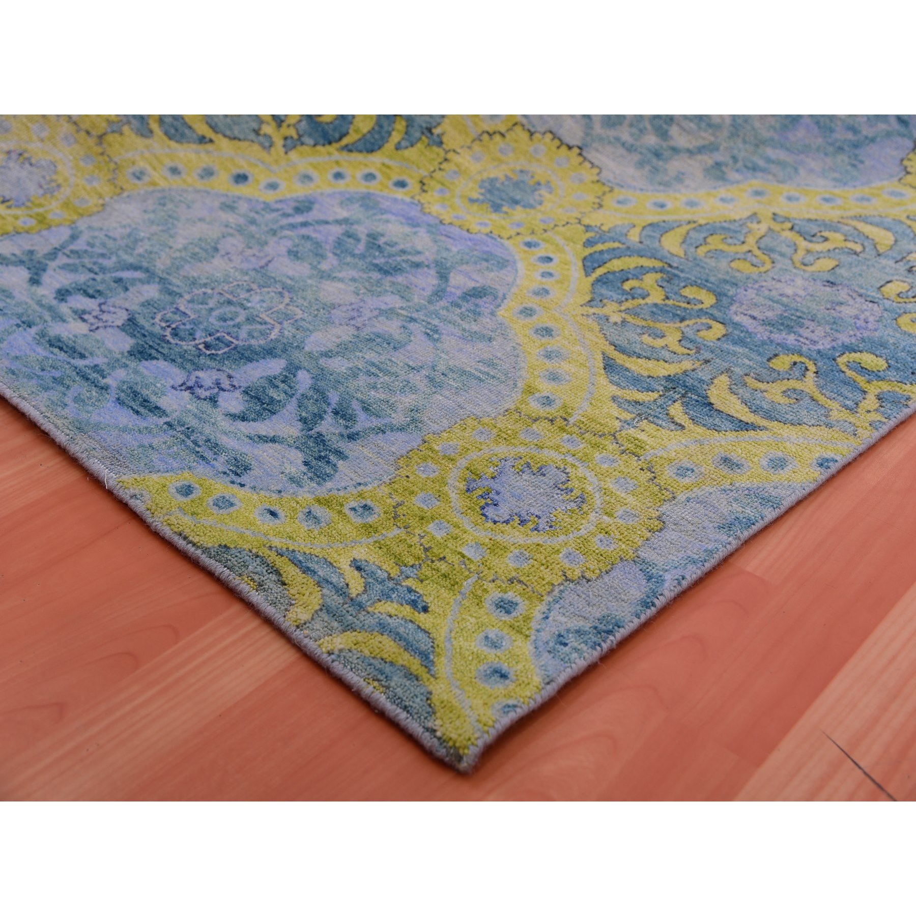 9'x12'2" Grotto Blue with Avocado Green, Trellis Neo Classic European Design with Flower Bouquet and Rosettes,100% Wool, Hand Knotted Oriental Rug Sh75410