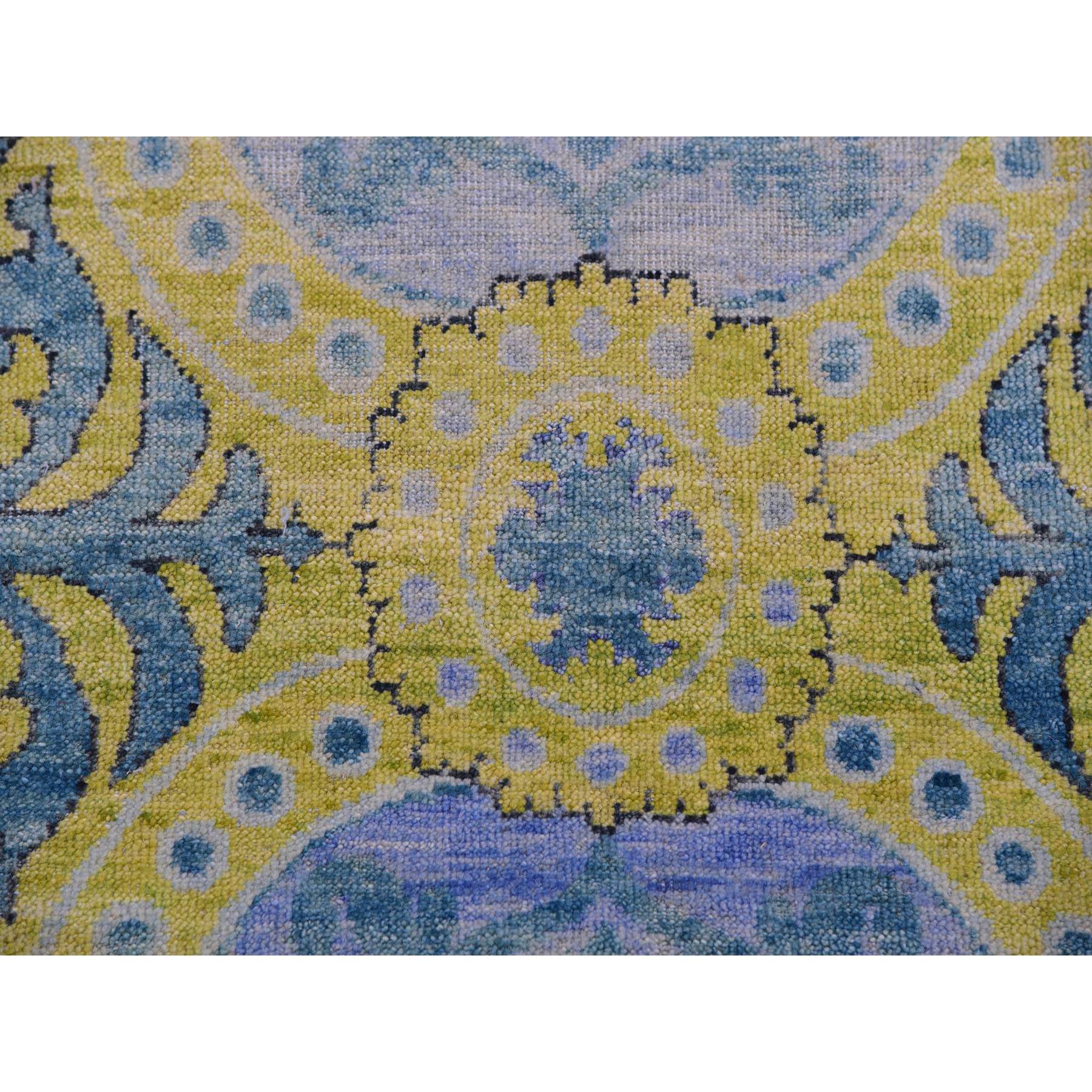 9'x12'2" Grotto Blue with Avocado Green, Trellis Neo Classic European Design with Flower Bouquet and Rosettes,100% Wool, Hand Knotted Oriental Rug Sh75410