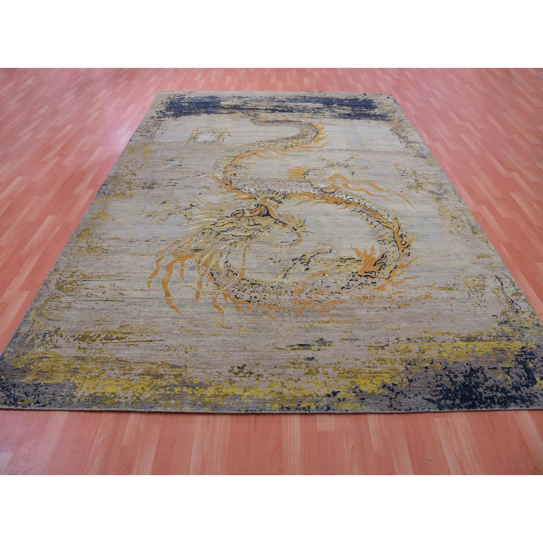 9'x12'2" Parchment Beige with Honey Gold, Antique Chinese Inspired, Dragon Design, 100% Wool, Hand Knotted, Oriental Rug Sh75414
