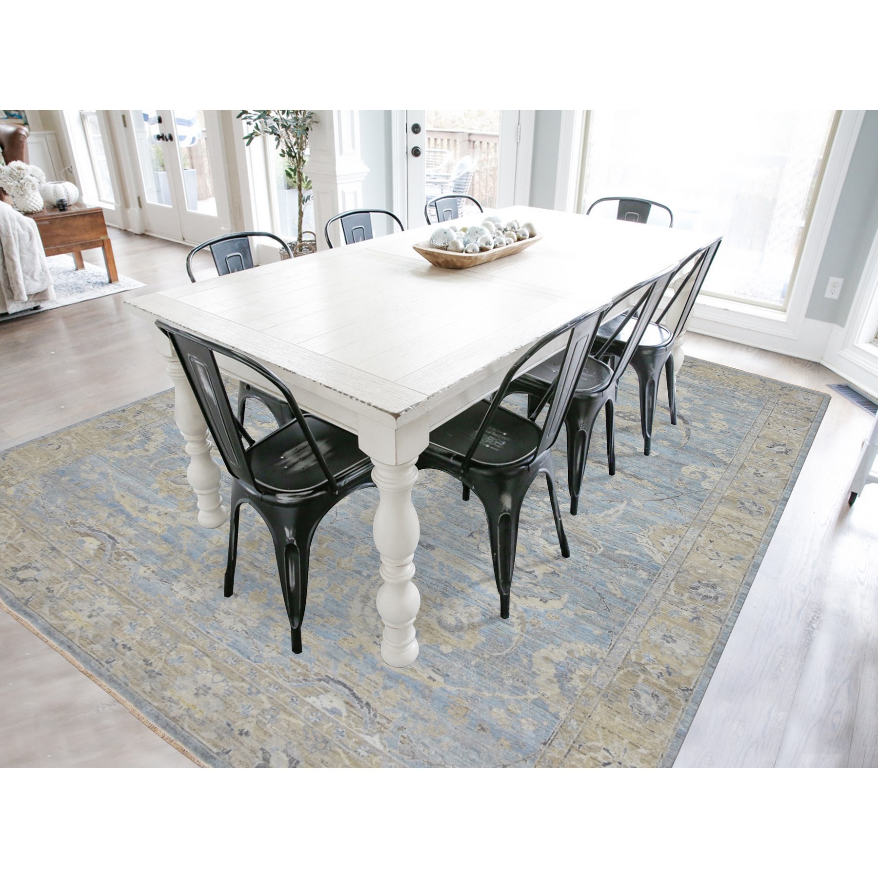 9'1"x11'6" Columbia Blue, Cropped Thin, Washed Out, Antiqued Zeigler Mahal with Zero Pile, Hand Knotted, 100% Wool, Oriental Rug Sh75467