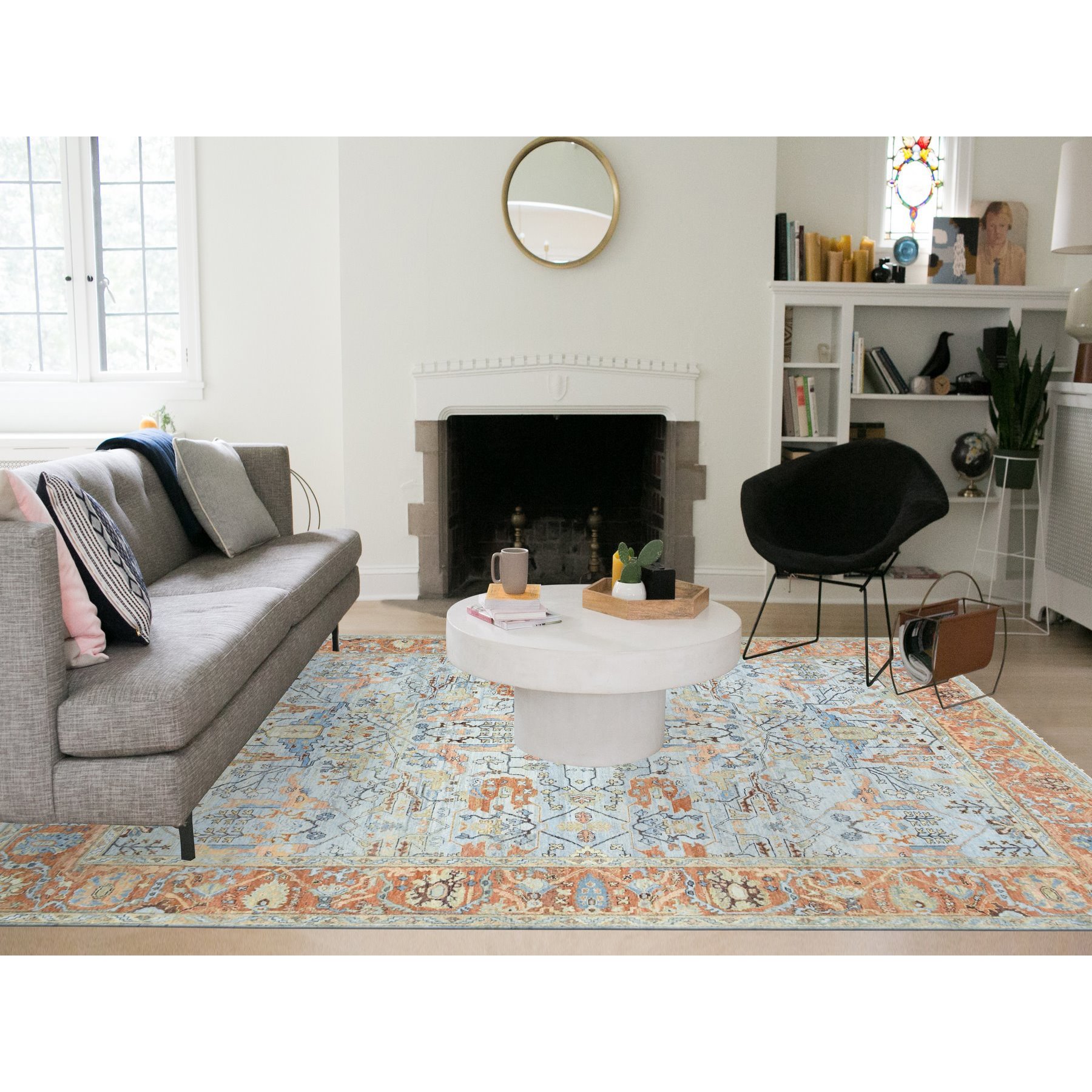 9'x11'10" Periwinkle Blue, Sheared Low, Hand Knotted, Antiqued Heriz All Over Design, Zero Pile, Distressed, 100% Wool, Oriental Rug Sh75469