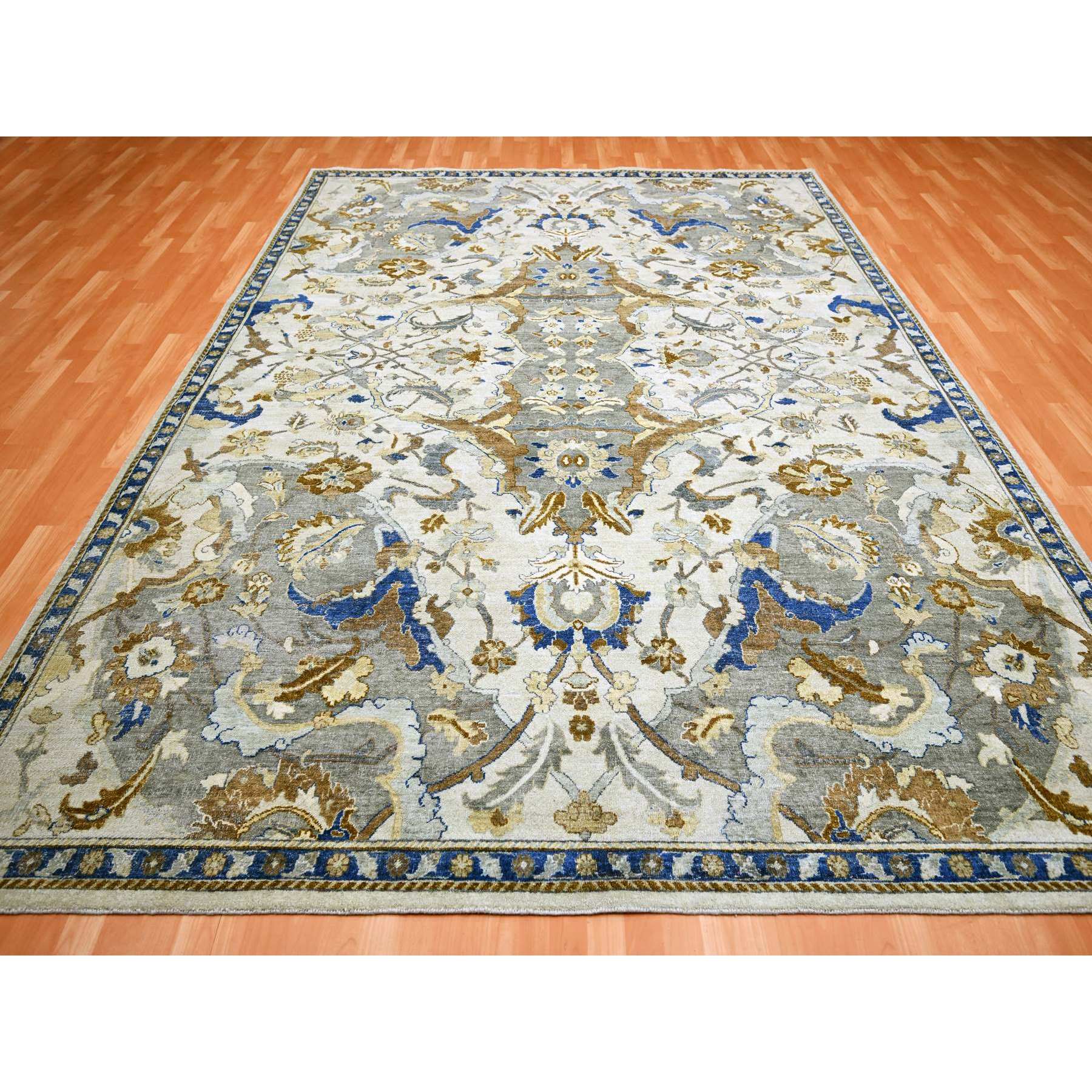 9'2"x12'1" Daisy White, Hand Knotted, Polonaise Czartoryski with Persian Isphahan Inspired Design, Distinct Abrash, Zero Pile, Pure Wool Oriental Rug Sh75473