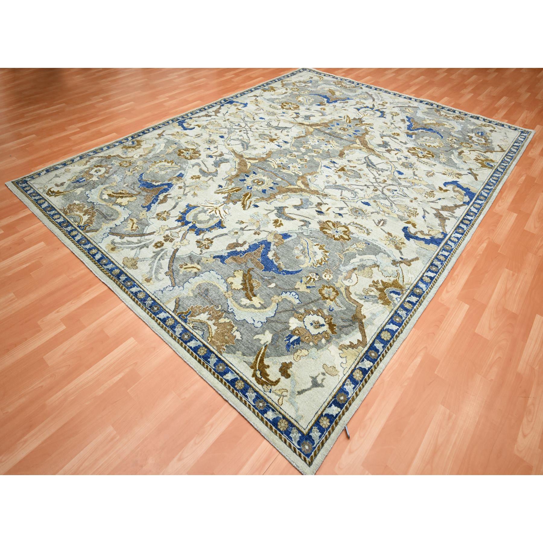 9'2"x12'1" Daisy White, Hand Knotted, Polonaise Czartoryski with Persian Isphahan Inspired Design, Distinct Abrash, Zero Pile, Pure Wool Oriental Rug Sh75473