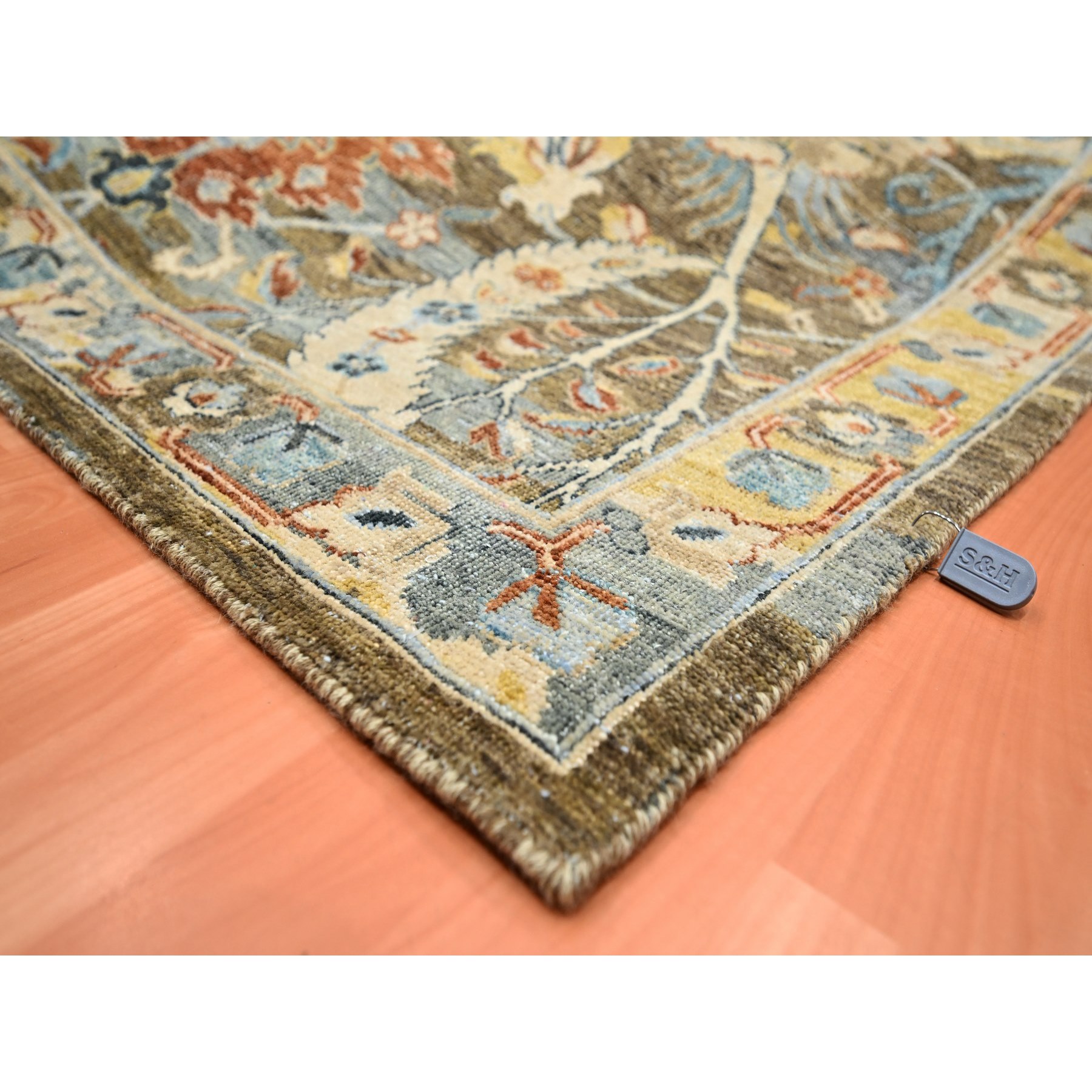 9'1"x12' Chocolate Brown with Yellow, Abrash Persian Design, 100% Pure Wool, Zero Pile, Shaved Low, Hand Knotted Oriental Rug Sh75489
