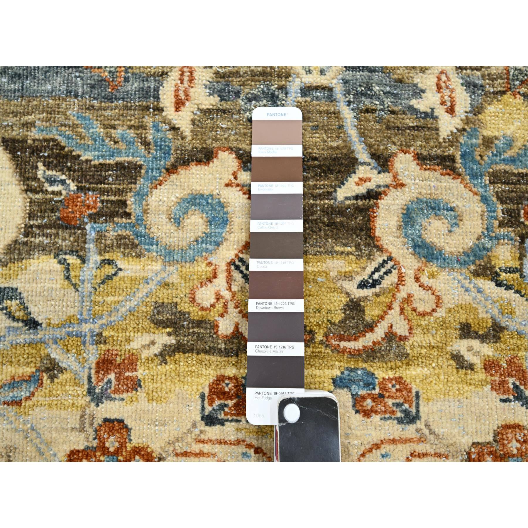 9'1"x12' Chocolate Brown with Yellow, Abrash Persian Design, 100% Pure Wool, Zero Pile, Shaved Low, Hand Knotted Oriental Rug Sh75489