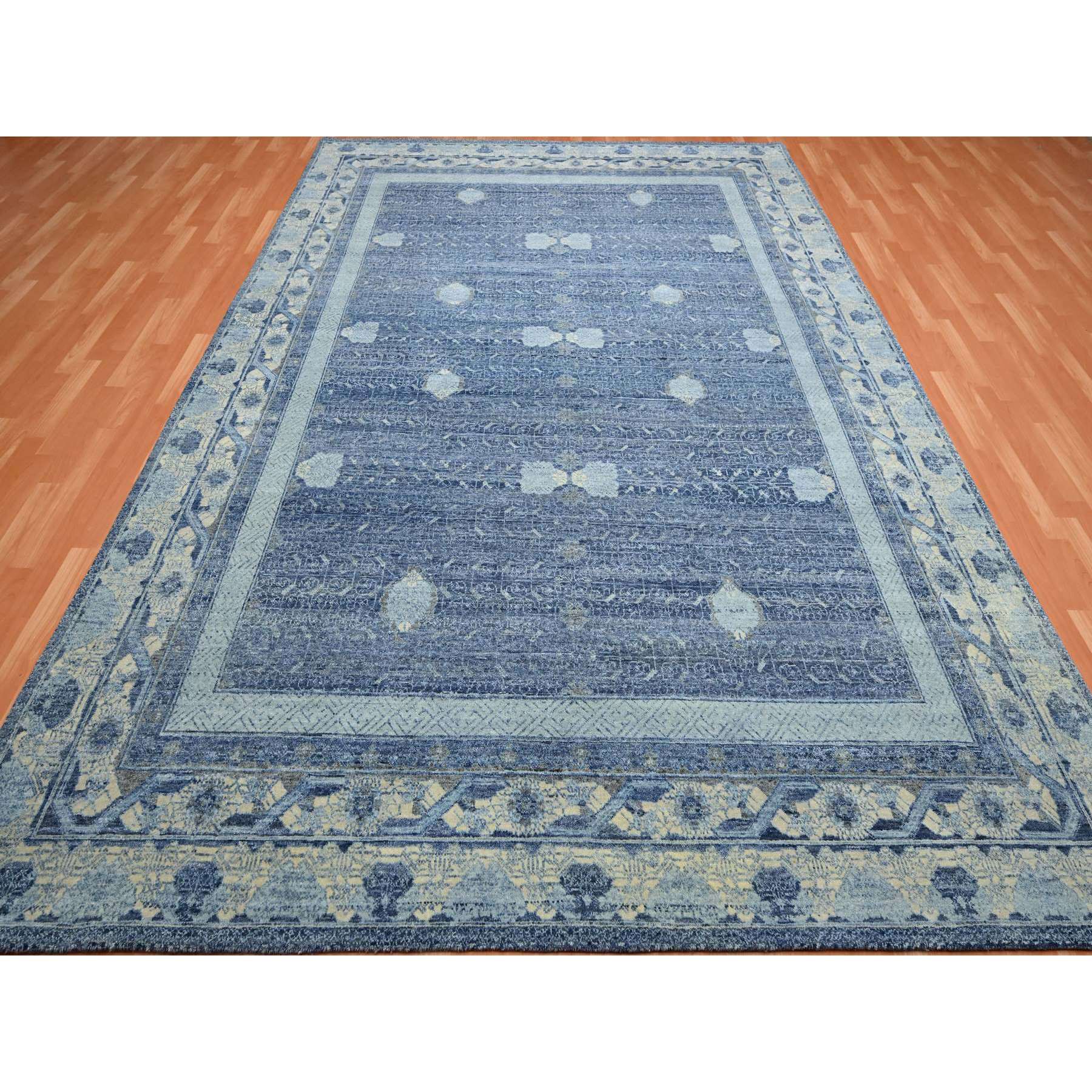 9'x12'5" Yale Blue, Pinecone Design, 100% Pure Wool, Thick and Plush, Hand Knotted Oriental Rug Sh75491