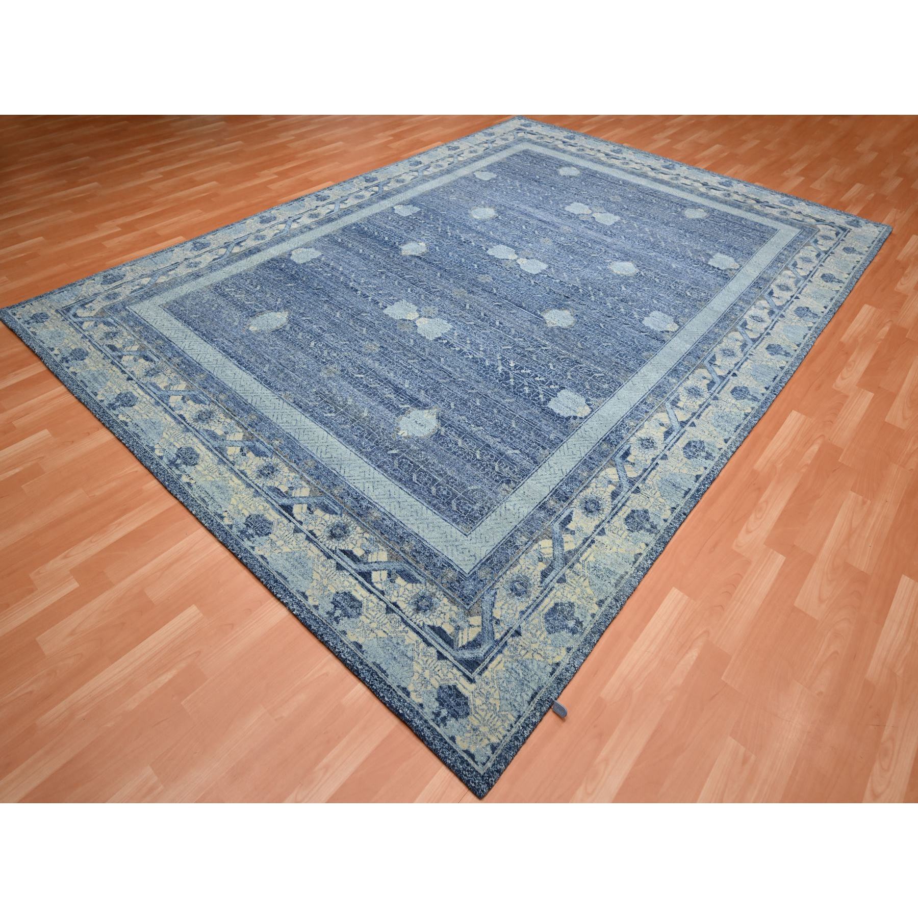 9'x12'5" Yale Blue, Pinecone Design, 100% Pure Wool, Thick and Plush, Hand Knotted Oriental Rug Sh75491