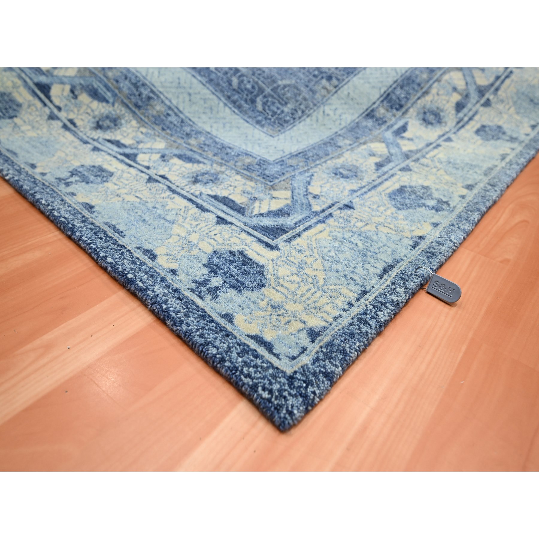 9'x12'5" Yale Blue, Pinecone Design, 100% Pure Wool, Thick and Plush, Hand Knotted Oriental Rug Sh75491