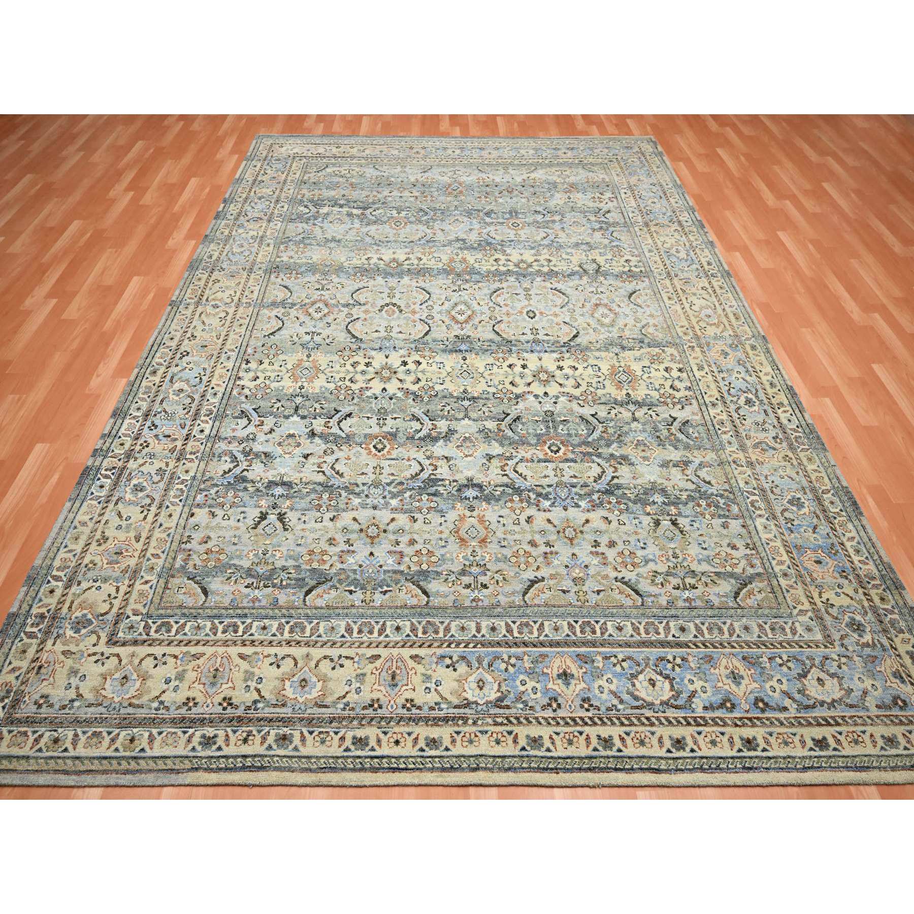 9'x12' Shades of Gray, Abrash Persian Design, 100% Pure Wool, Zero Pile, Shaved Low, Hand Knotted Oriental Rug Sh75493
