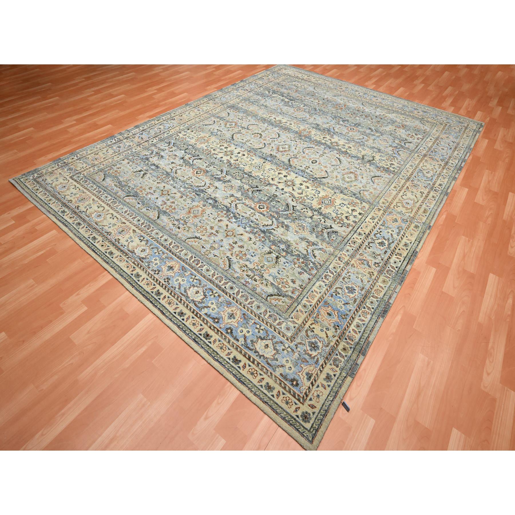 9'x12' Shades of Gray, Abrash Persian Design, 100% Pure Wool, Zero Pile, Shaved Low, Hand Knotted Oriental Rug Sh75493