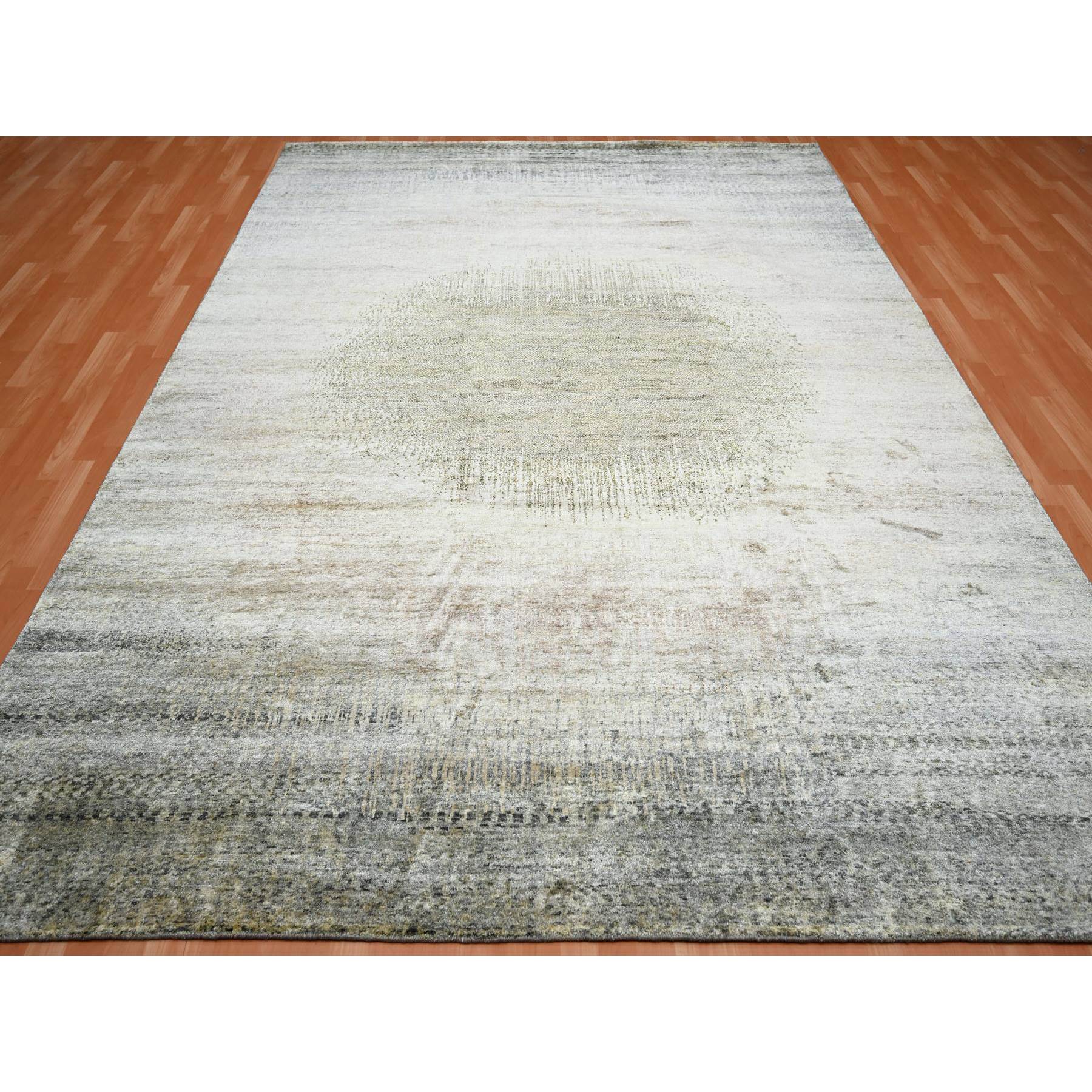 9'x12'5" Tan Brown with Gray, THE EYE, 100% Pure Silk, Soft to the Touch, Hand Knotted Oriental Rug Sh75495