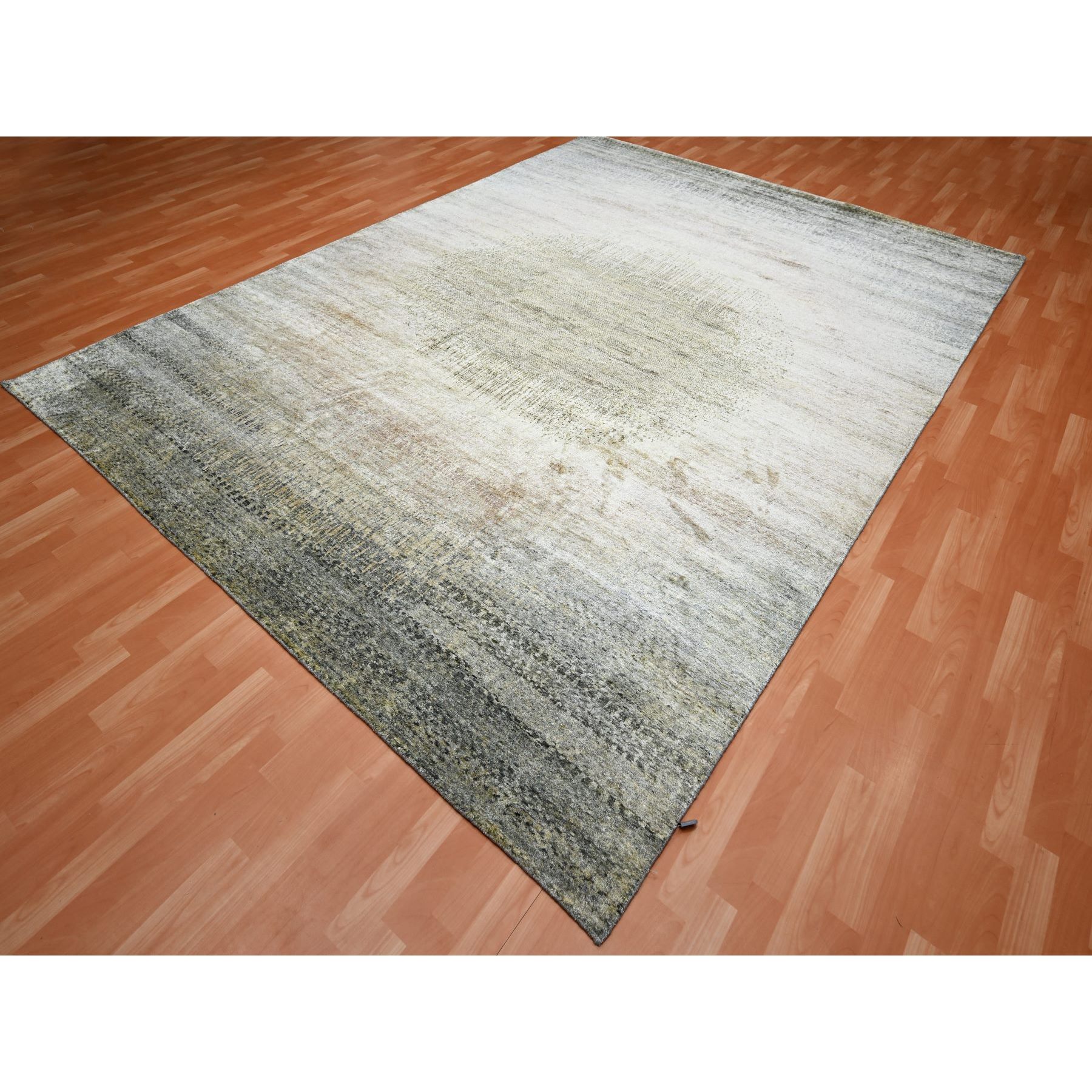 9'x12'5" Tan Brown with Gray, THE EYE, 100% Pure Silk, Soft to the Touch, Hand Knotted Oriental Rug Sh75495