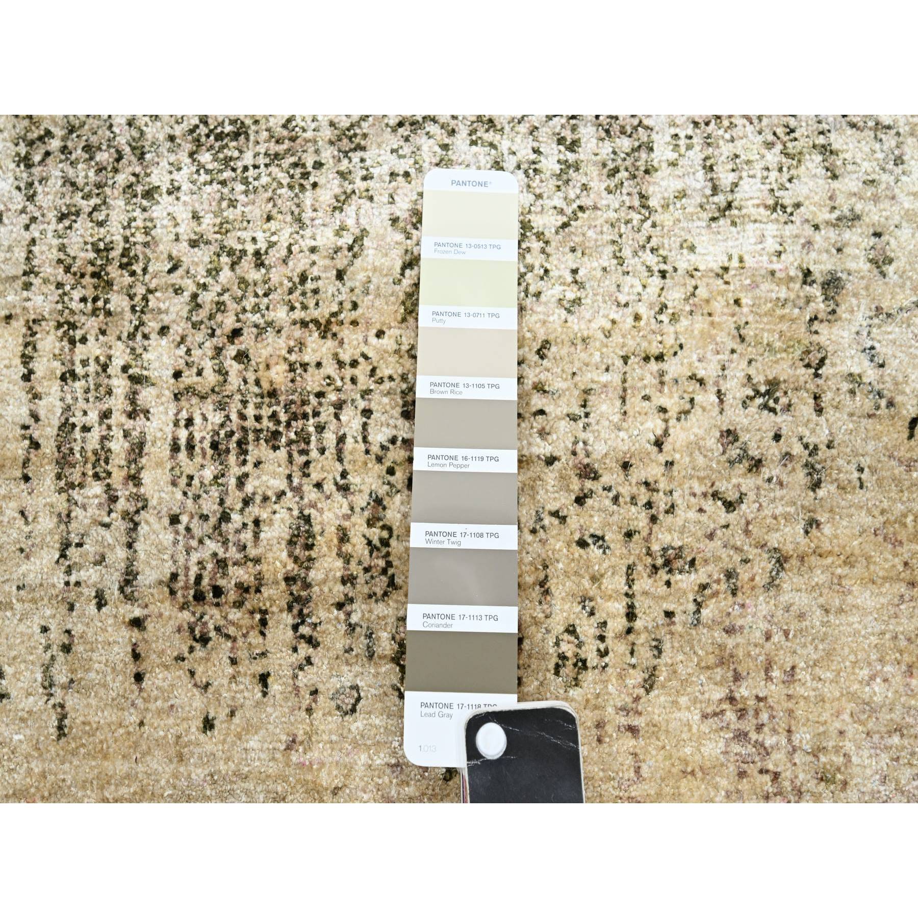 9'x12'5" Tan Brown with Gray, THE EYE, 100% Pure Silk, Soft to the Touch, Hand Knotted Oriental Rug Sh75495