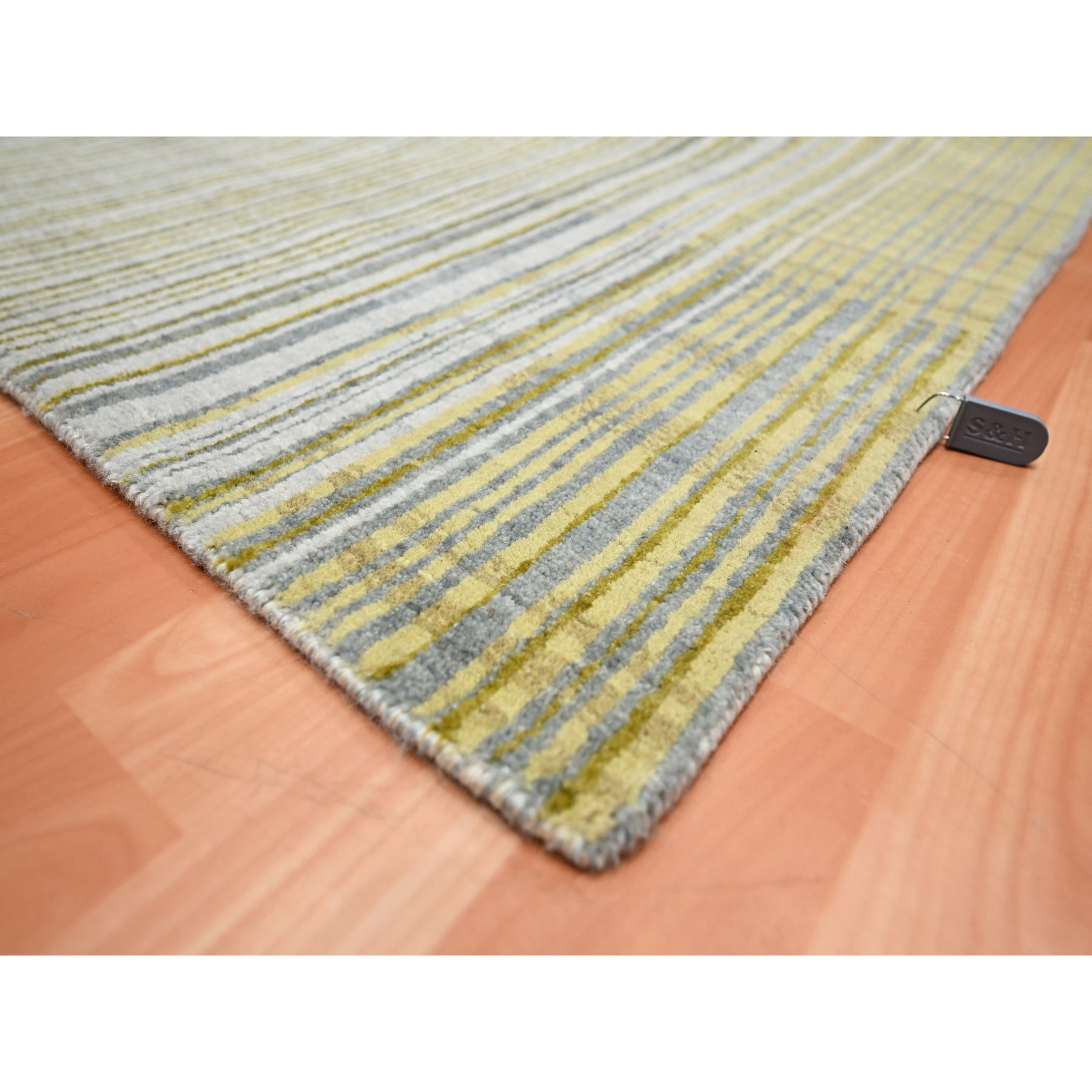 9'2"x12'4" Ice Gray with Yellow Stripes, Mid Century Inspired Line Design, Modern, Zero Pile, Sheared Low, 100% Wool, Hand Knotted Oriental Rug Sh75506