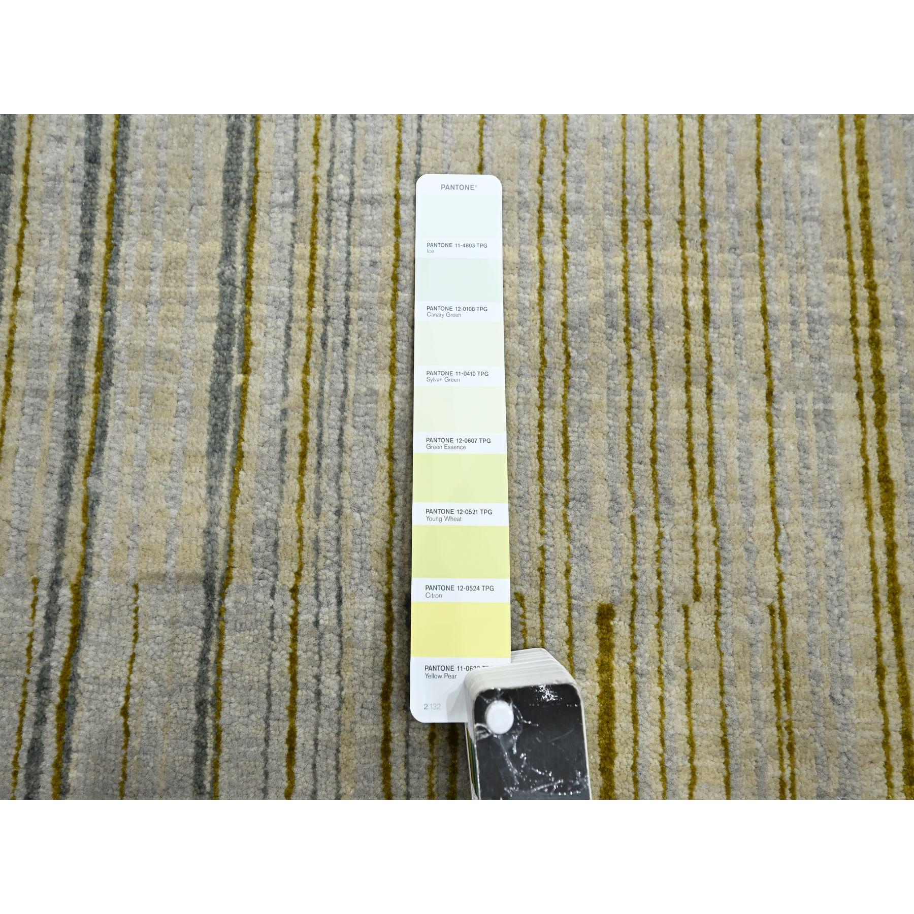 9'2"x12'4" Ice Gray with Yellow Stripes, Mid Century Inspired Line Design, Modern, Zero Pile, Sheared Low, 100% Wool, Hand Knotted Oriental Rug Sh75506