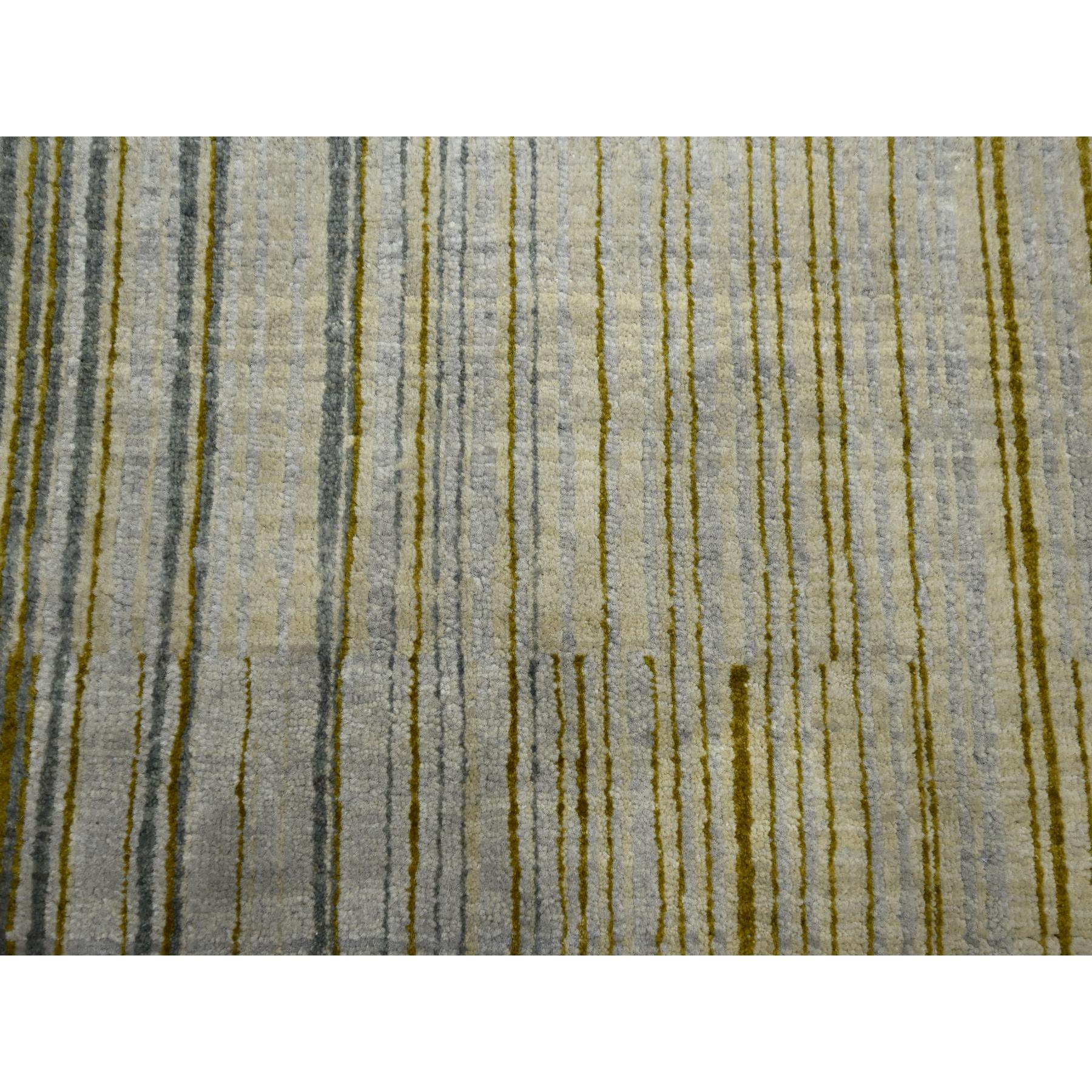 9'2"x12'4" Ice Gray with Yellow Stripes, Mid Century Inspired Line Design, Modern, Zero Pile, Sheared Low, 100% Wool, Hand Knotted Oriental Rug Sh75506